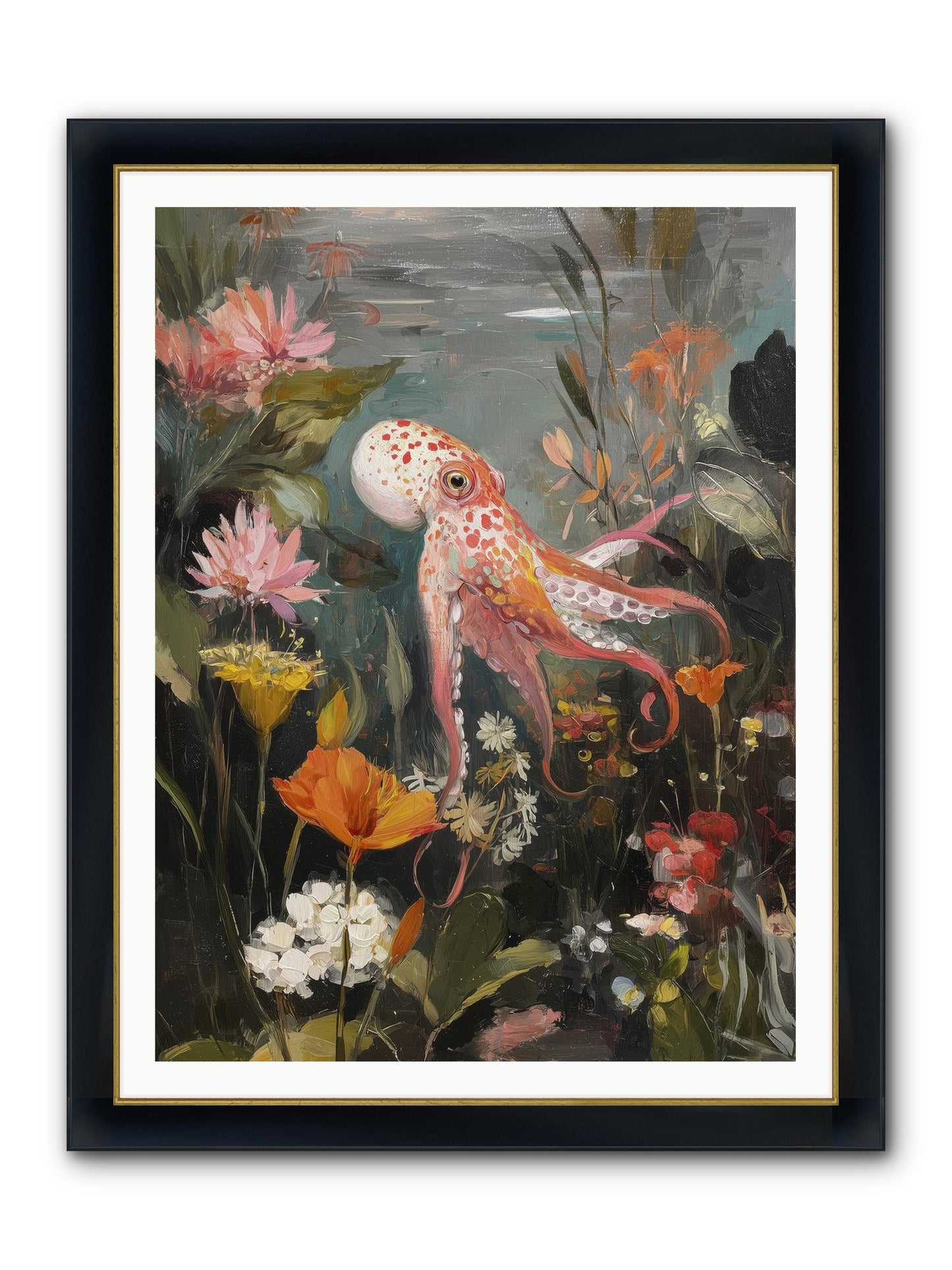 Awakened In Coral Framed Print - Wide Black w/Gold 36x48