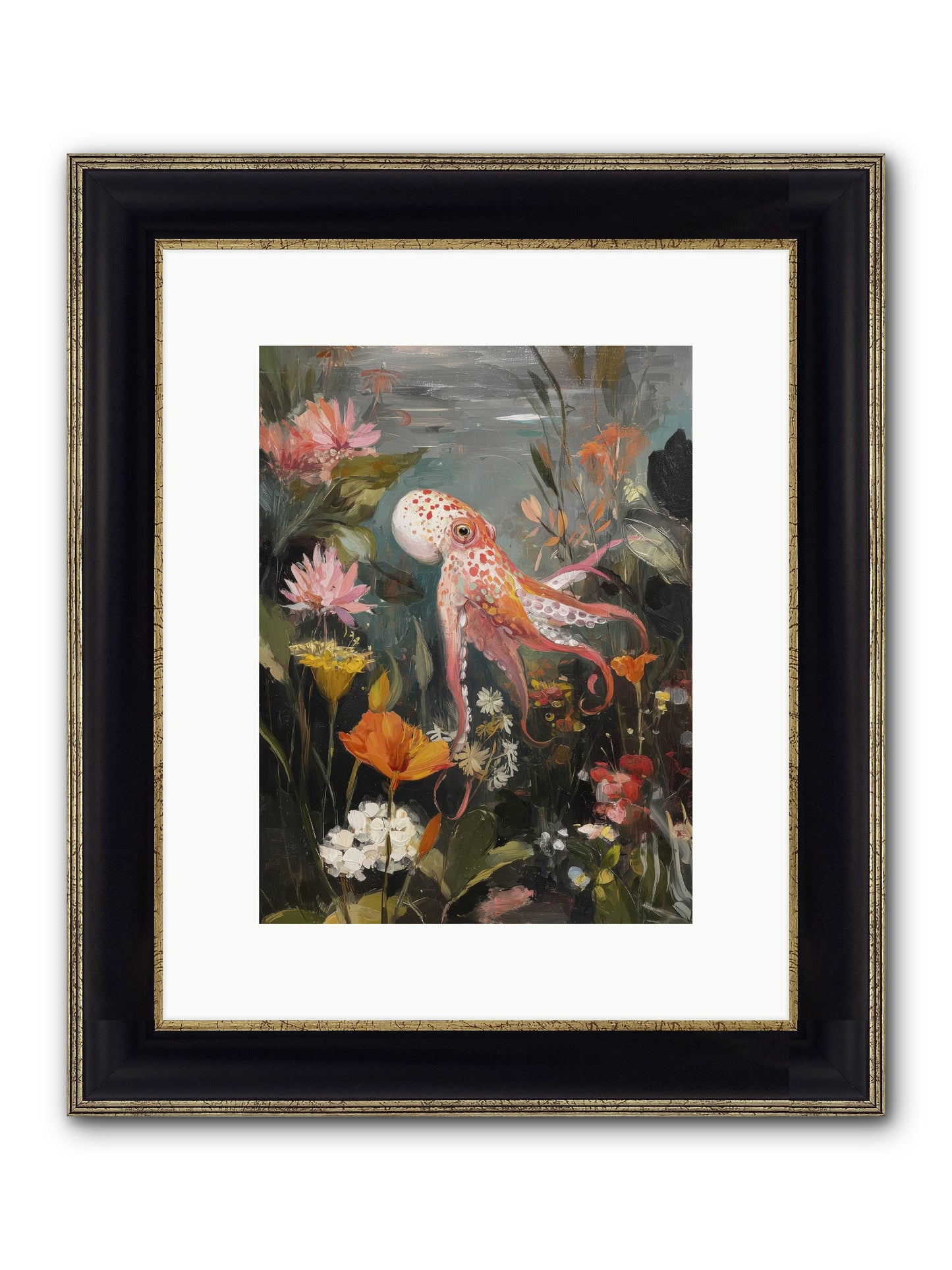 Awakened In Coral Framed Print - Black & Gold 9x12