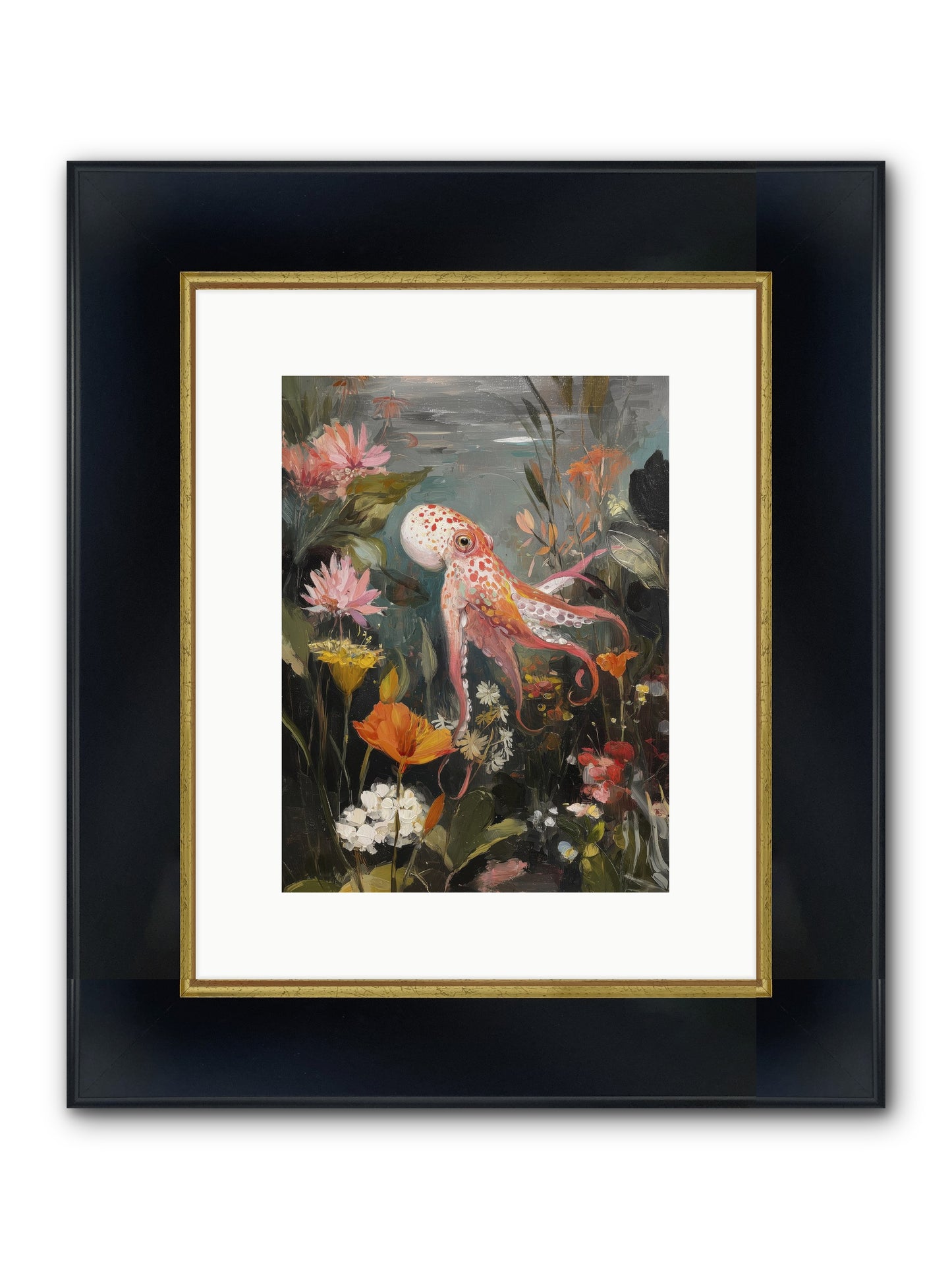Awakened In Coral Framed Print - Wide Black w/Gold 9x12