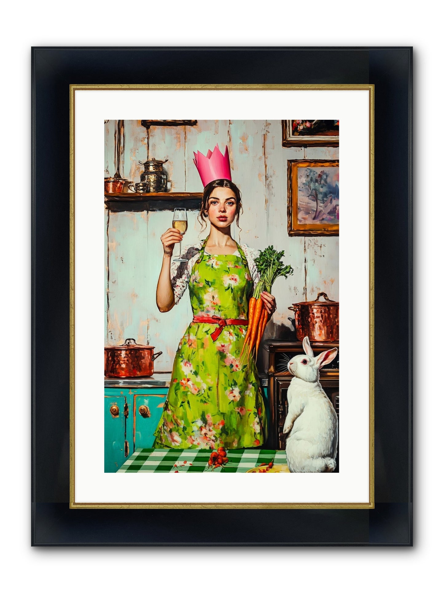 Bouquet Garni & Bunny Framed Print - Wide Black w/Gold 16x24