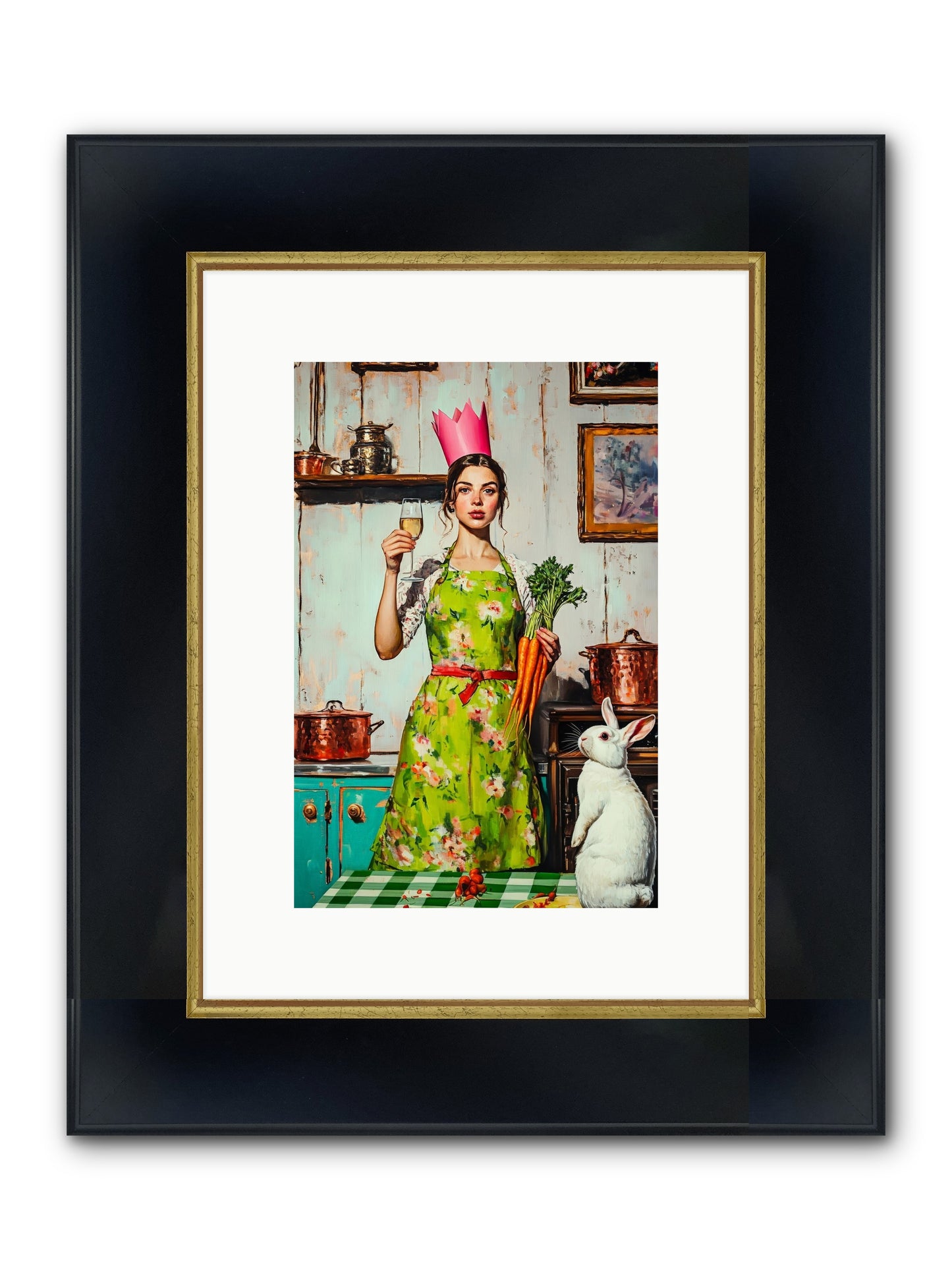 Bouquet Garni & Bunny Framed Print - Wide Black w/Gold 8x12