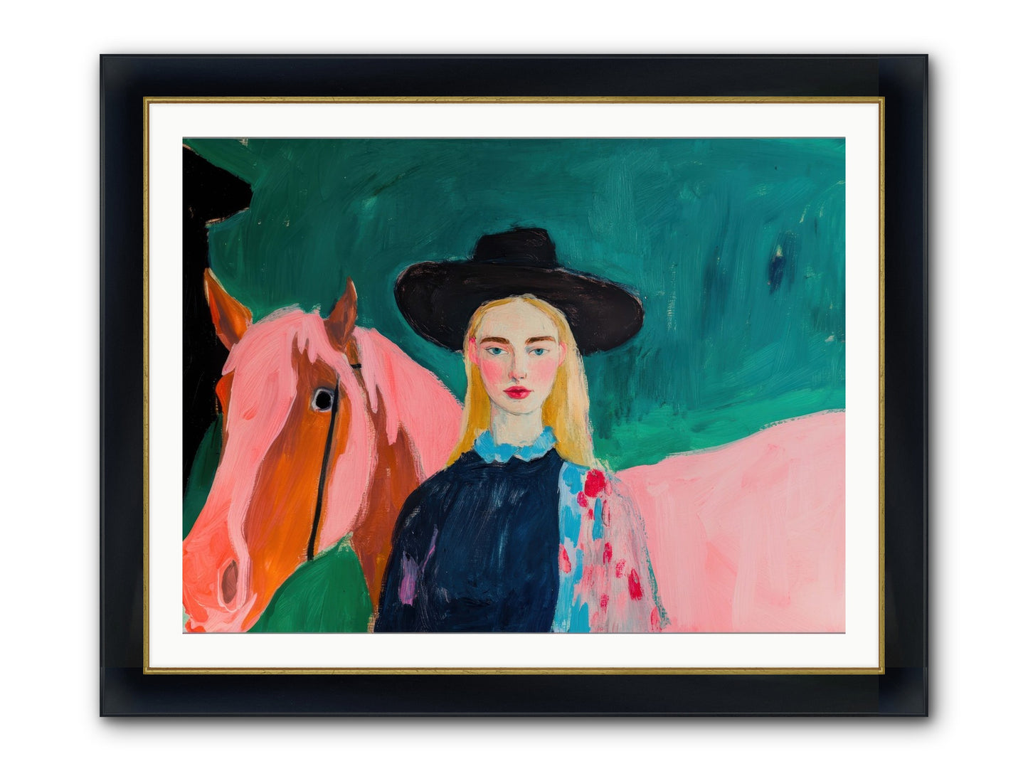 Cactus Bloom Cowgirl Framed Print - Wide Black w/Gold 40x30