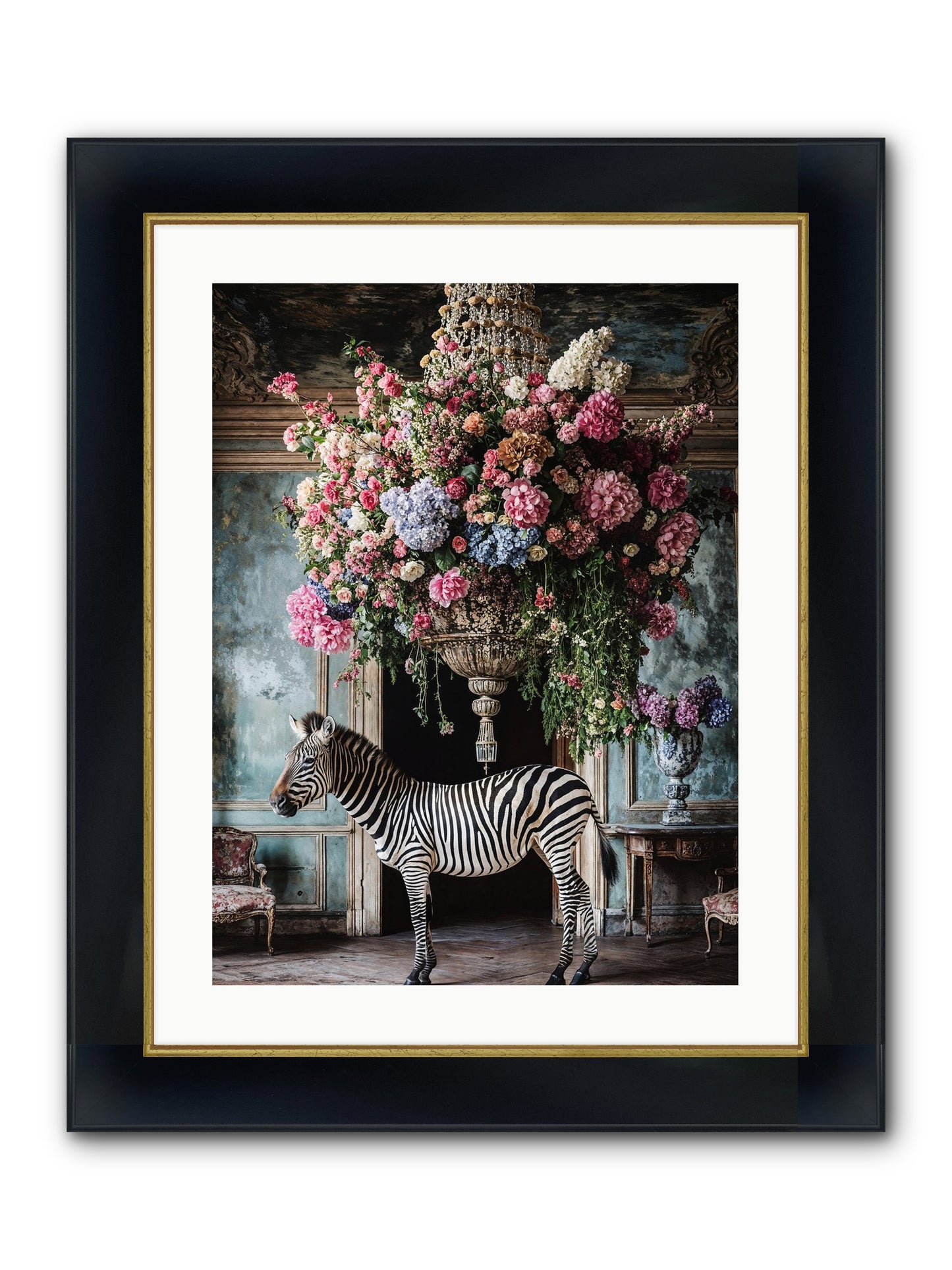 Captured By Petals Framed Print - Wide Black w/Gold 18x24