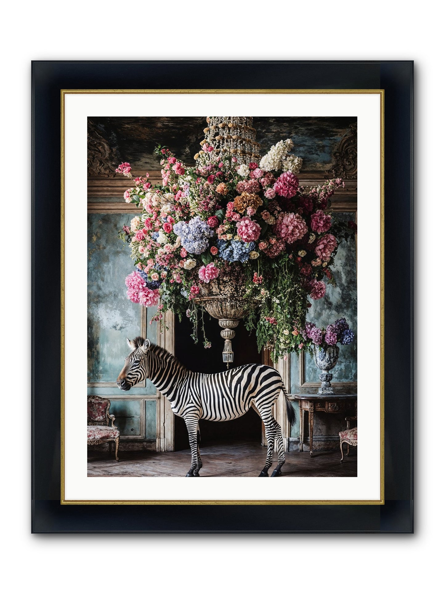 Captured By Petals Framed Print - Wide Black w/Gold 24x32
