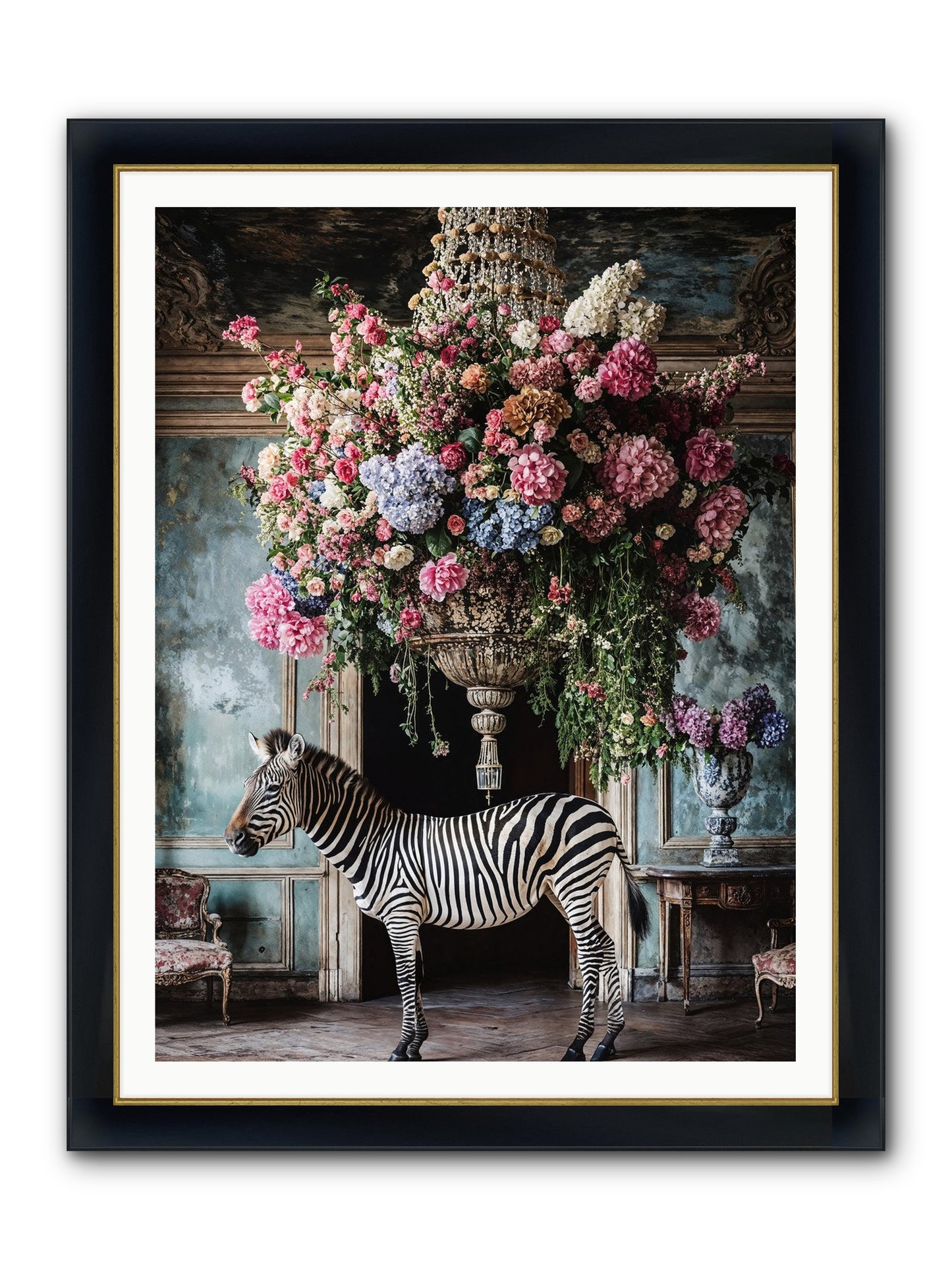 Captured By Petals Framed Print - Wide Black w/Gold 36x48