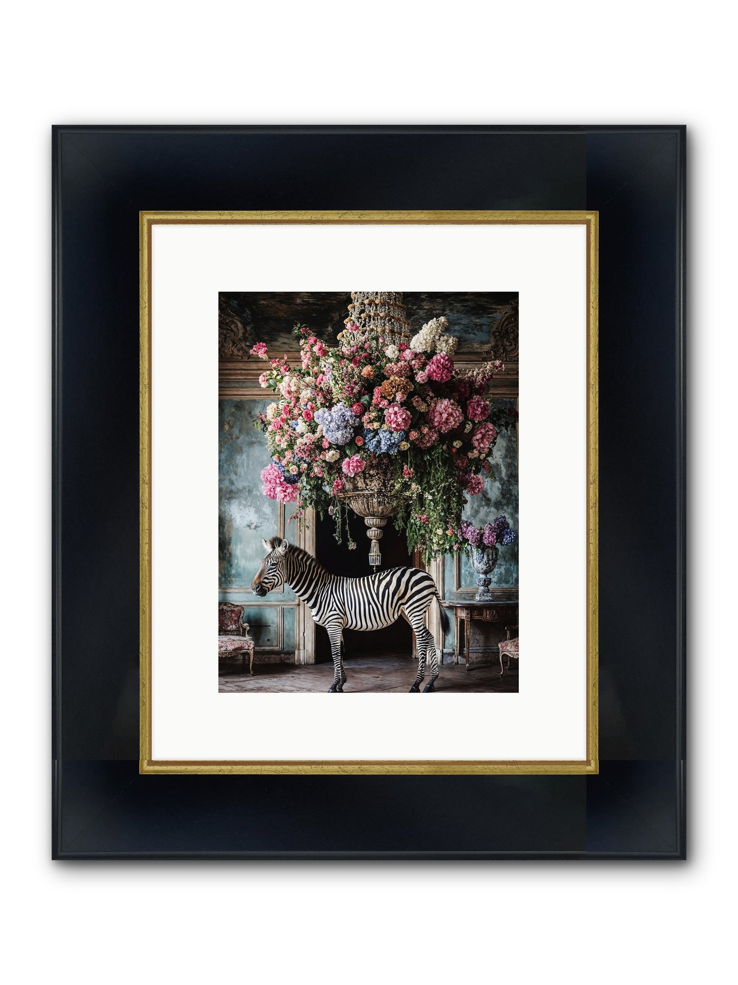 Captured By Petals Framed Print - Wide Black w/Gold 9x12