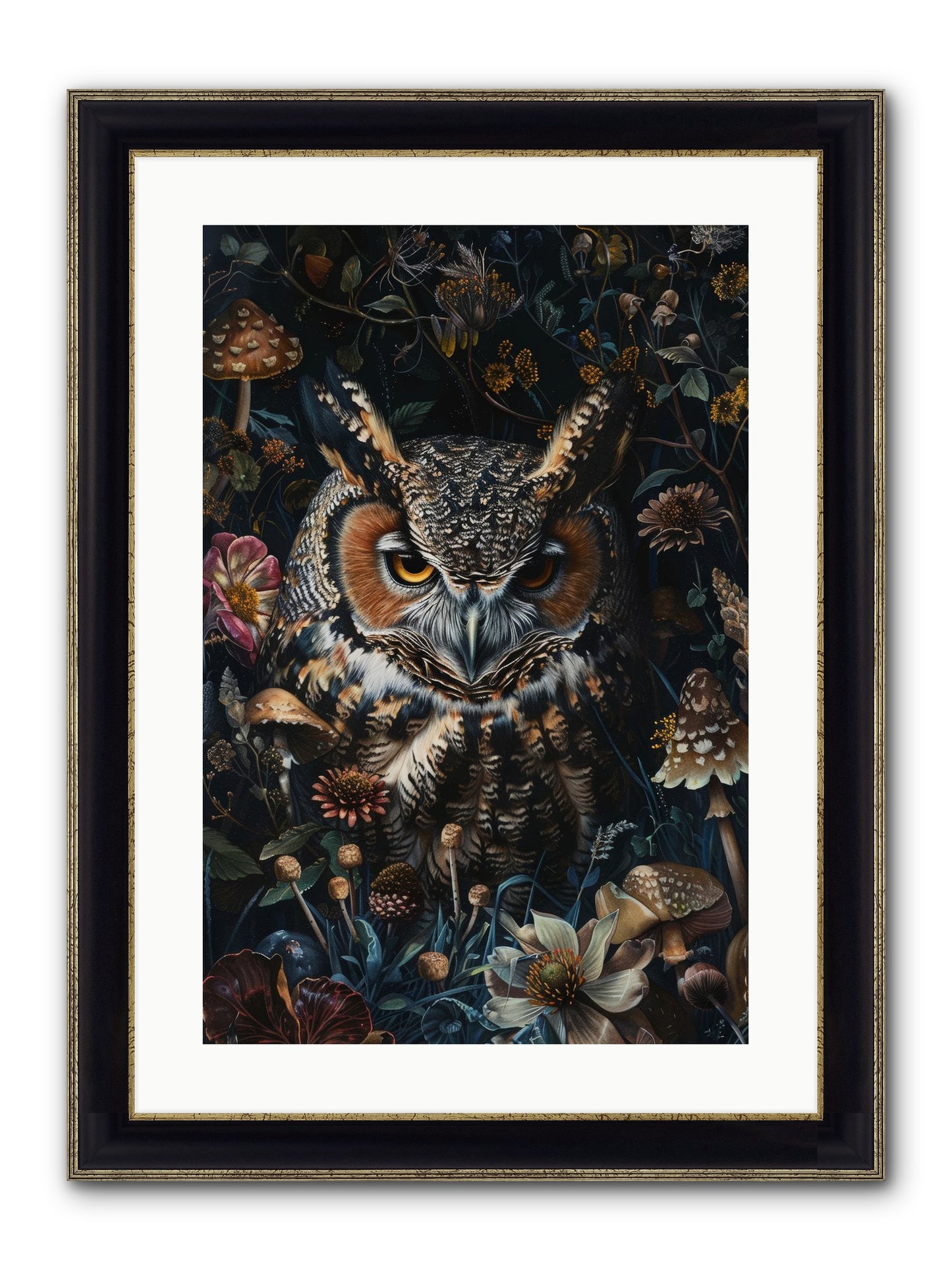 Chouette Nocturne Framed Print - Black & Gold 16x24