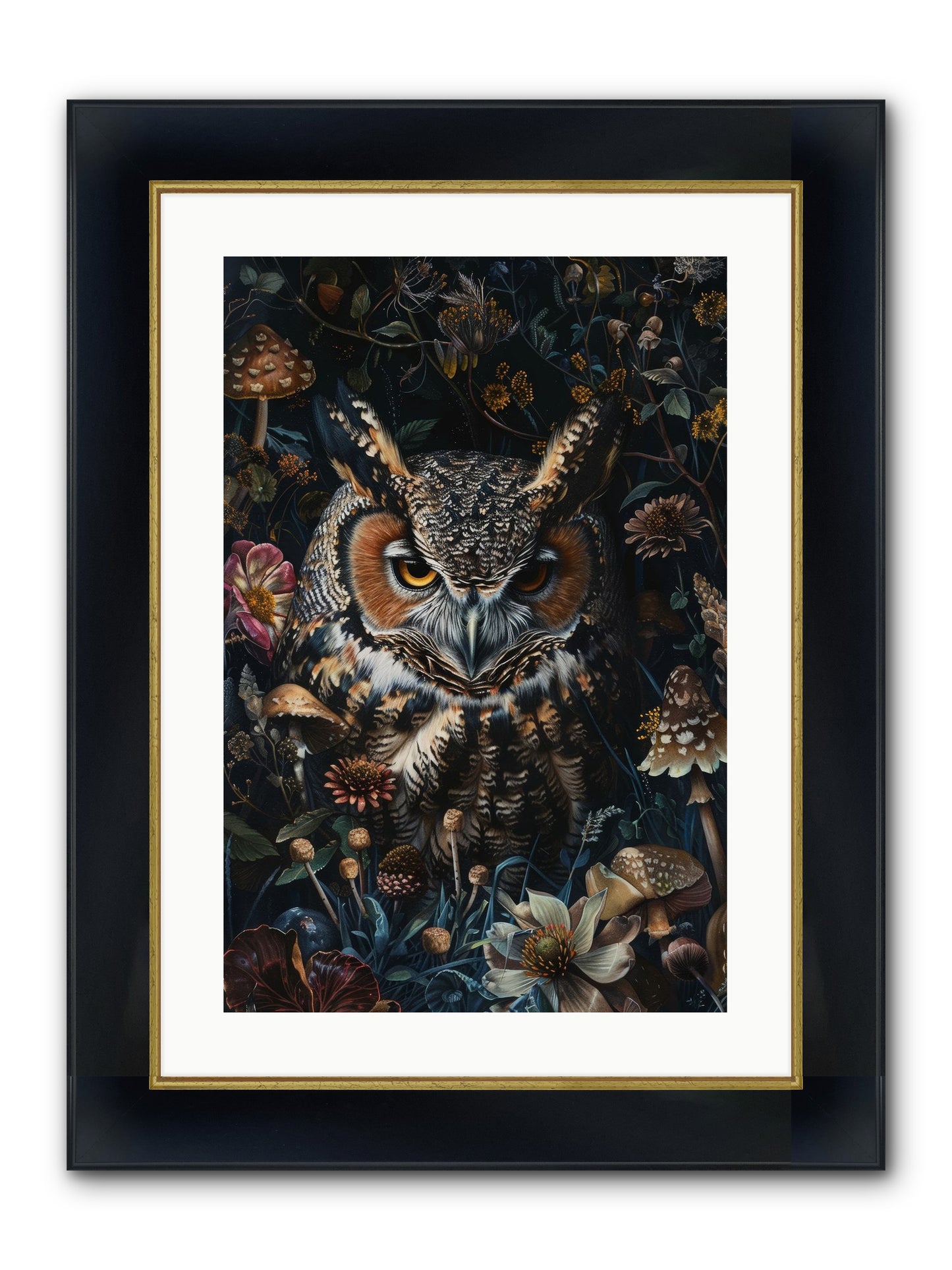 Chouette Nocturne Framed Print - Wide Black w/Gold 16x24