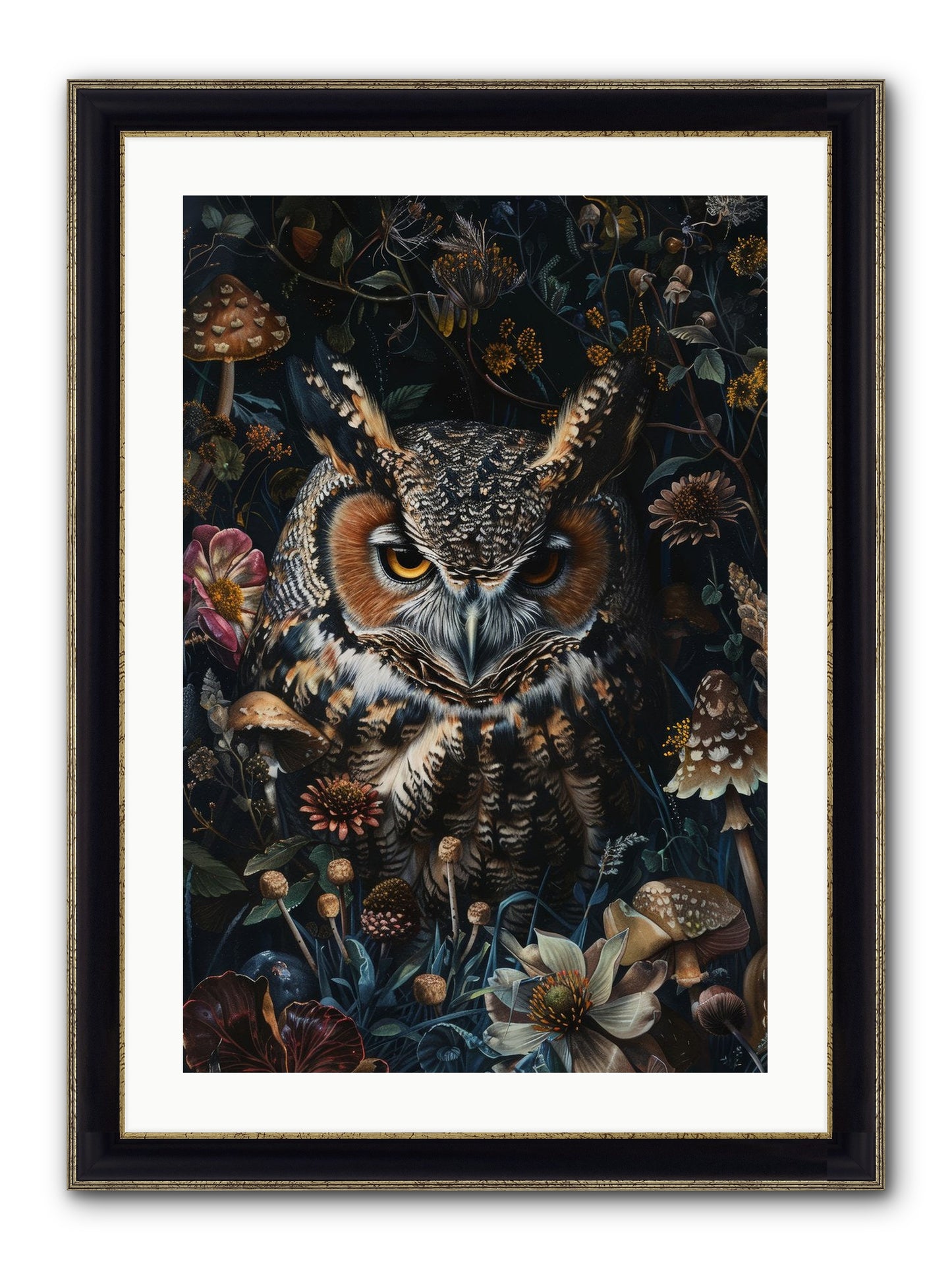Chouette Nocturne Framed Print - Black & Gold 20x30