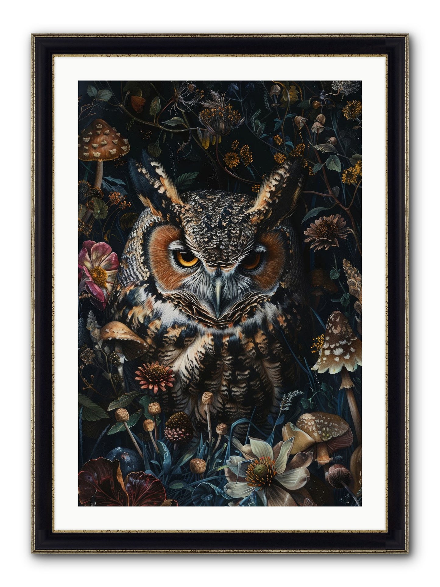 Chouette Nocturne Framed Print - Black & Gold 24x36