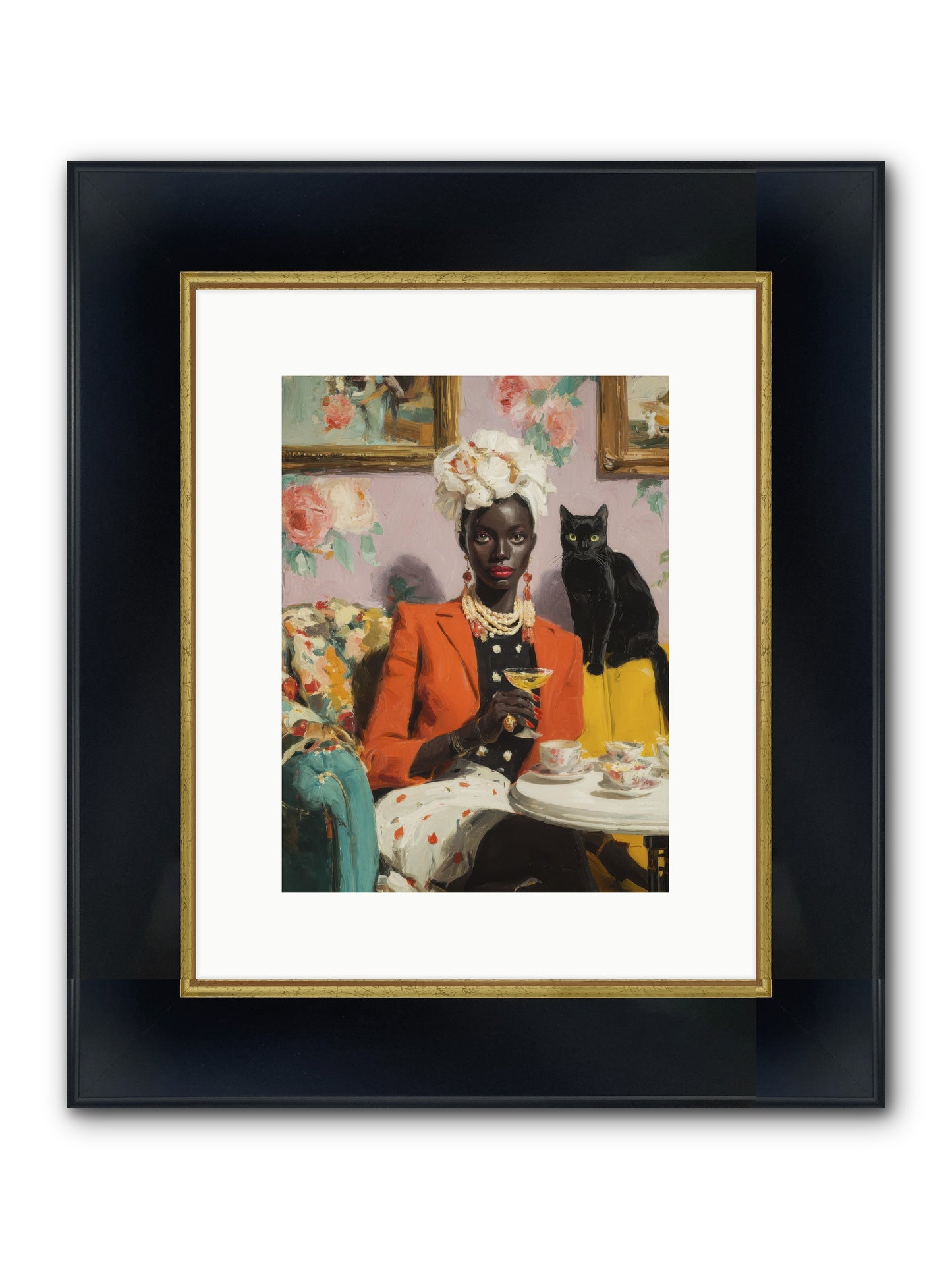 Cocktails With Her Familiar Framed Print - Wide Black w/Gold 9x12