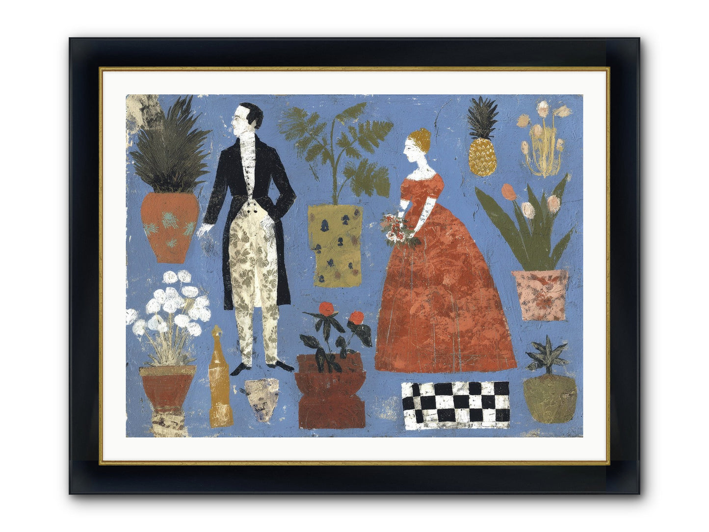 Courtship Among Pineapples Framed Print - Wide Black w/Gold 40x30