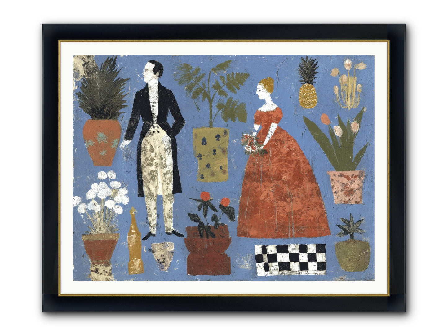 Courtship Among Pineapples Framed Print - Wide Black w/Gold 48x36