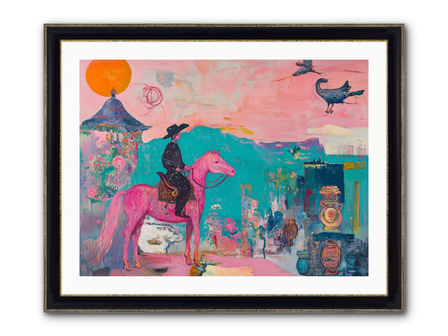 Cowboy's Night Song Framed Print - Black & Gold 32x24