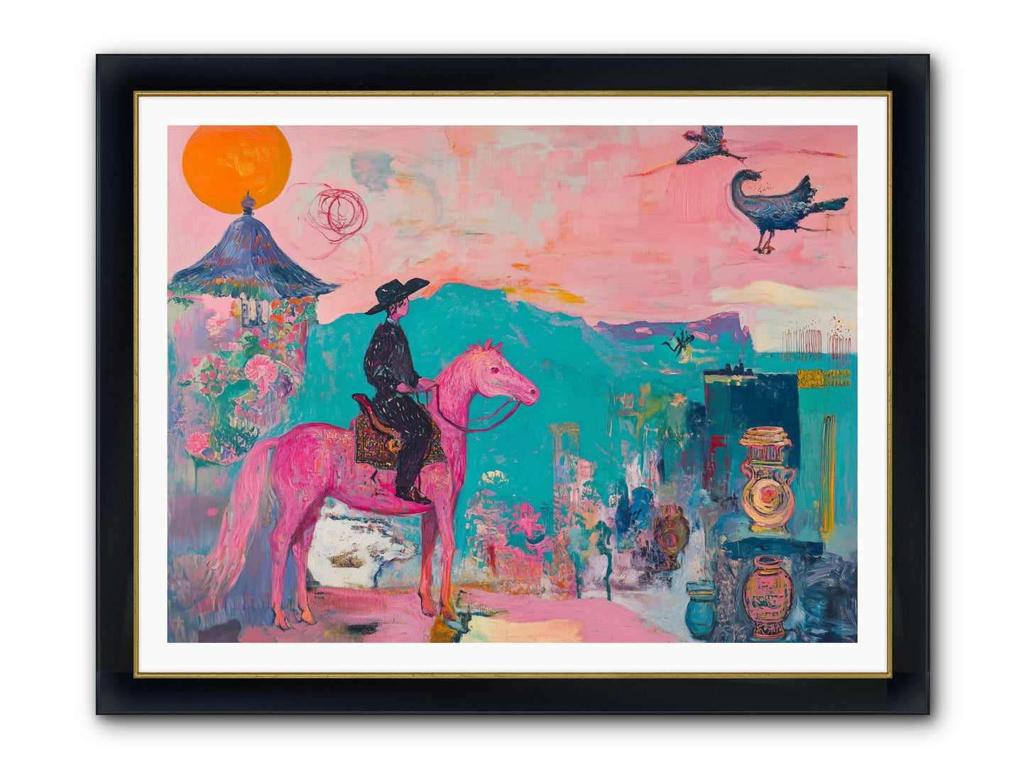 Cowboy's Night Song Framed Print - Wide Black w/Gold 48x36
