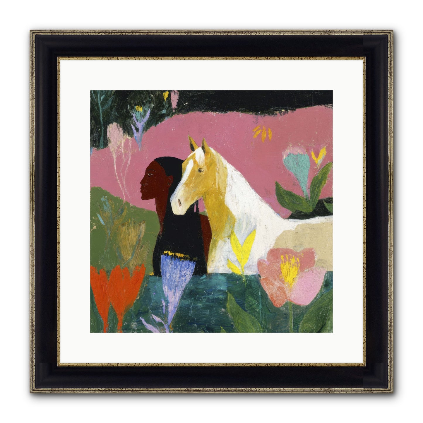 Daybreak In Blush & Gold Framed Print - Black & Gold 16x16