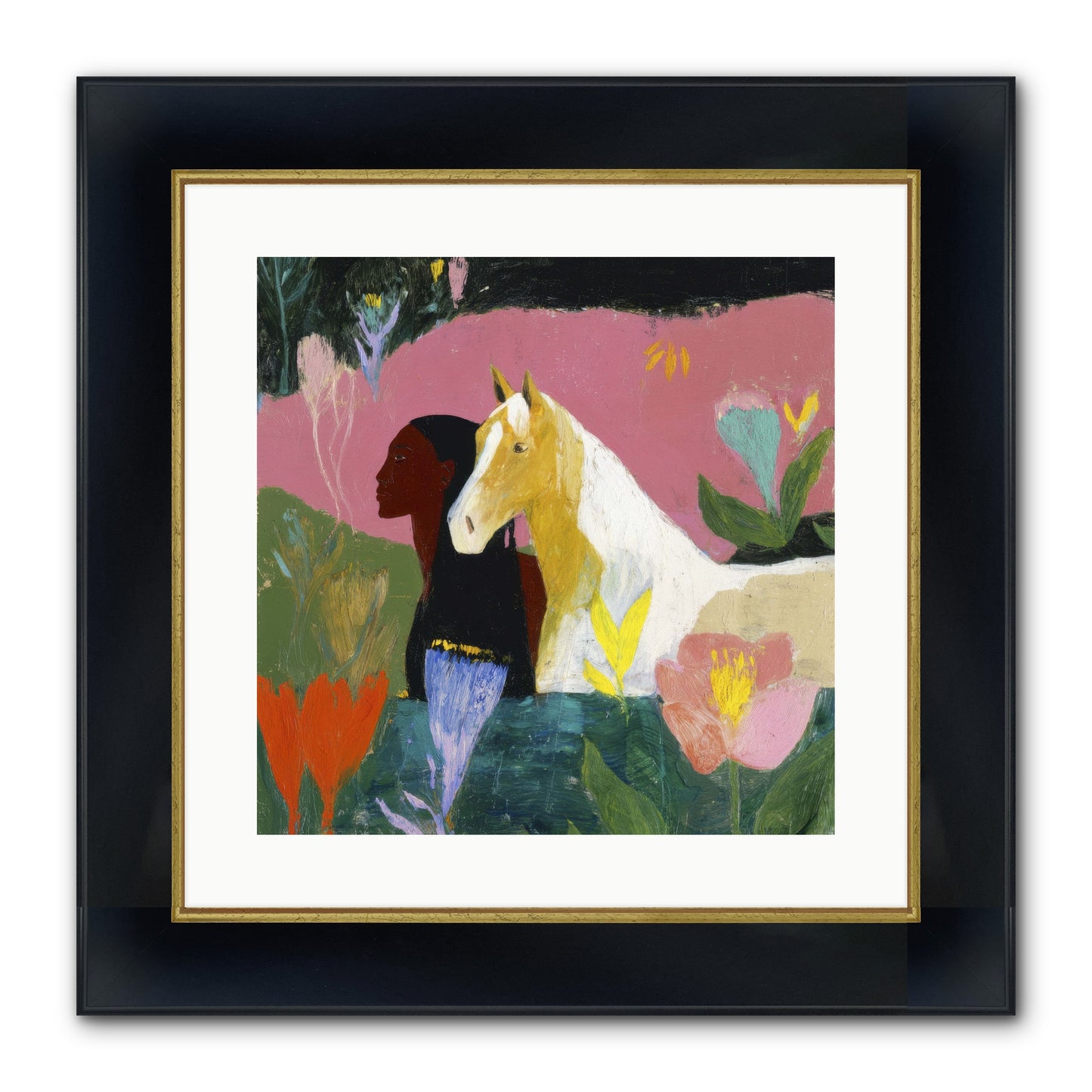 Daybreak In Blush & Gold Framed Print - Wide Black w/Gold 16x16