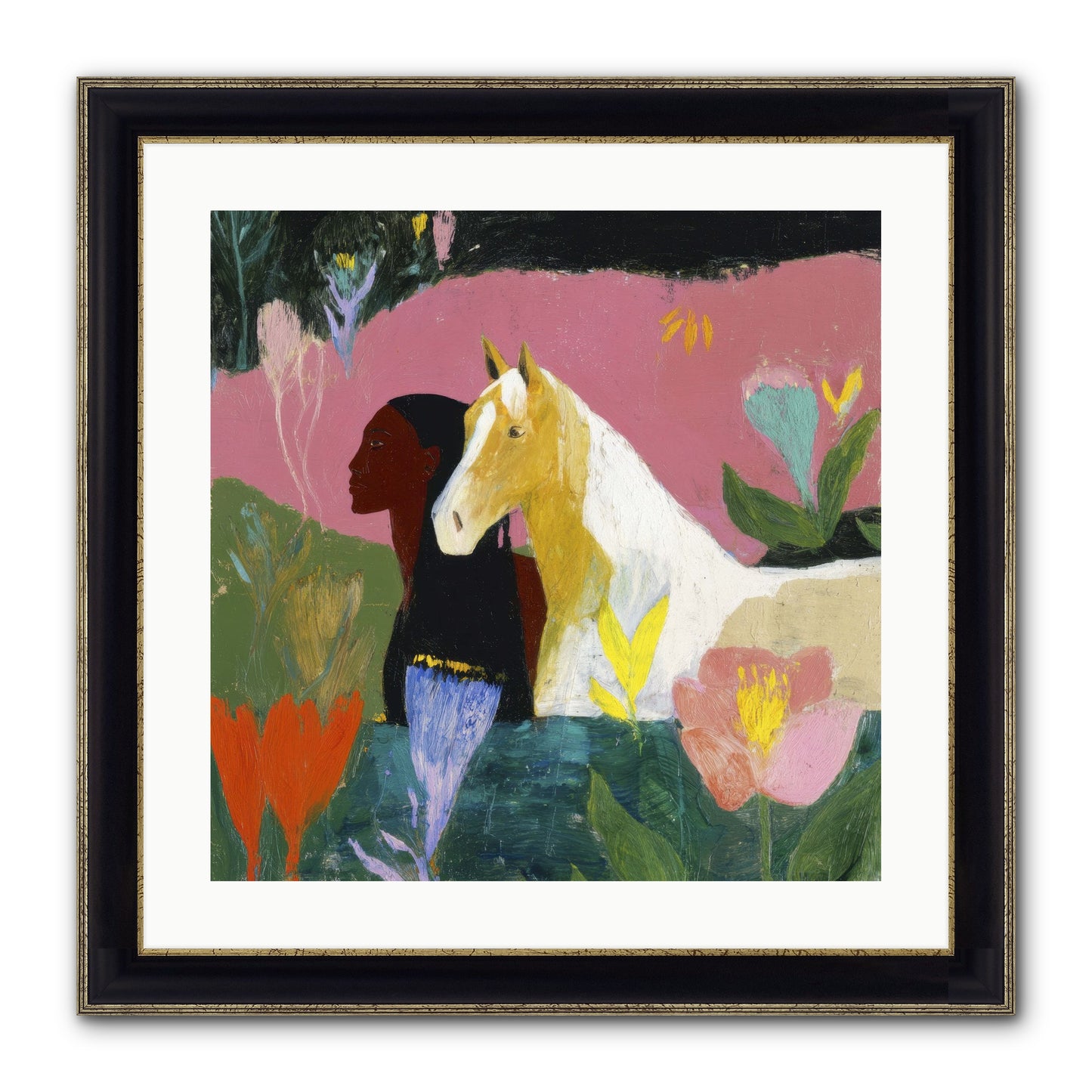Daybreak In Blush & Gold Framed Print - Black & Gold 20x20