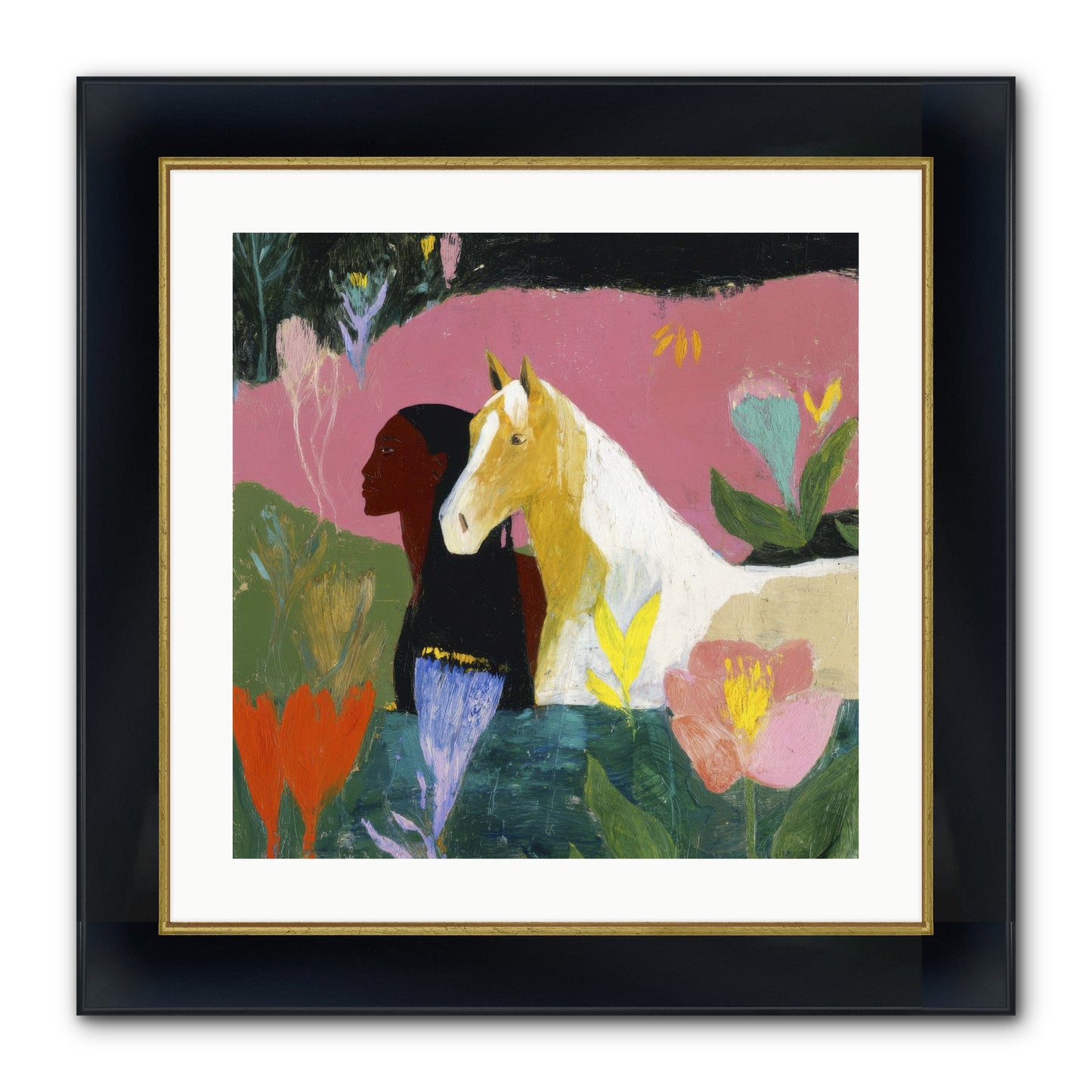 Daybreak In Blush & Gold Framed Print - Wide Black w/Gold 20x20