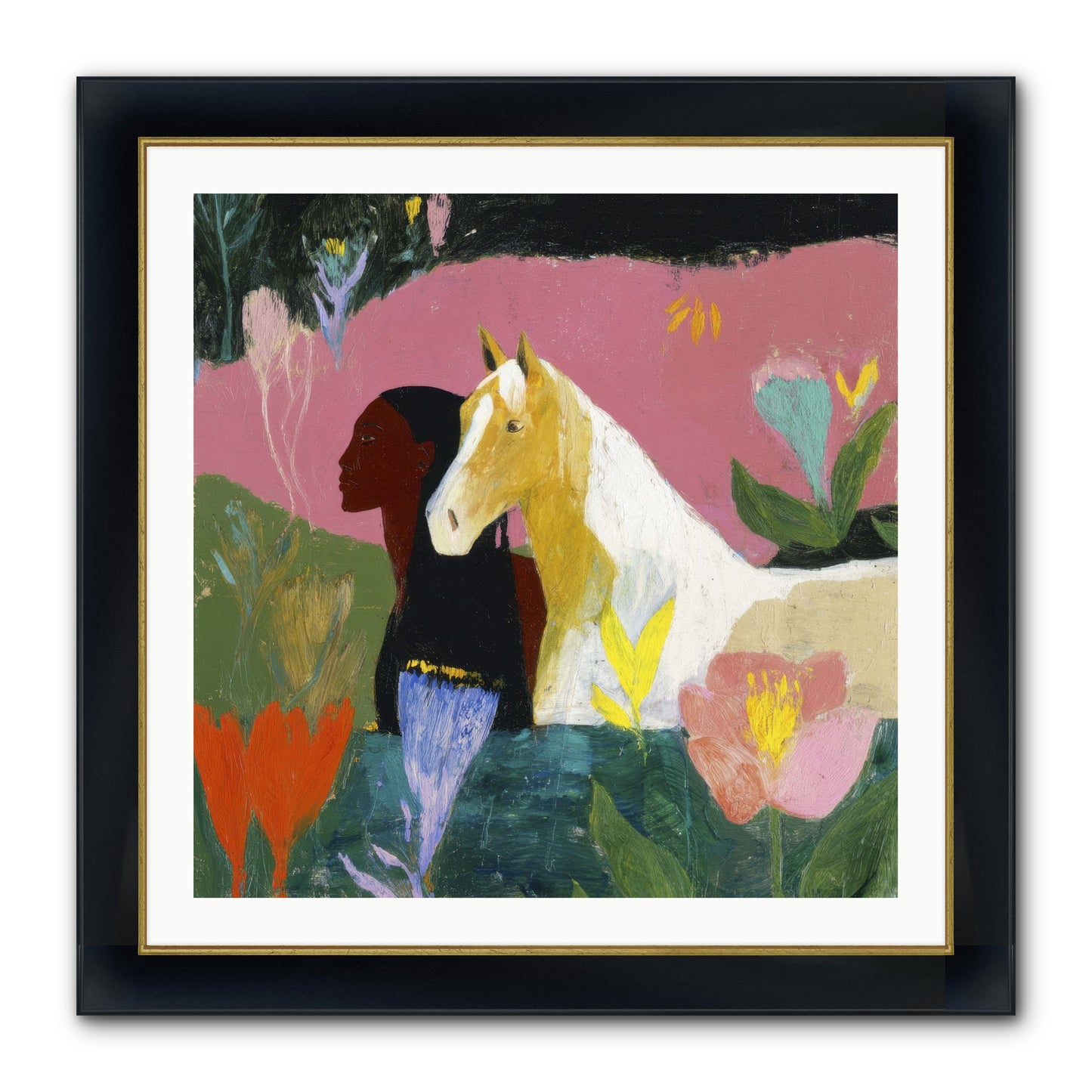 Daybreak In Blush & Gold Framed Print - Wide Black w/Gold 30x30