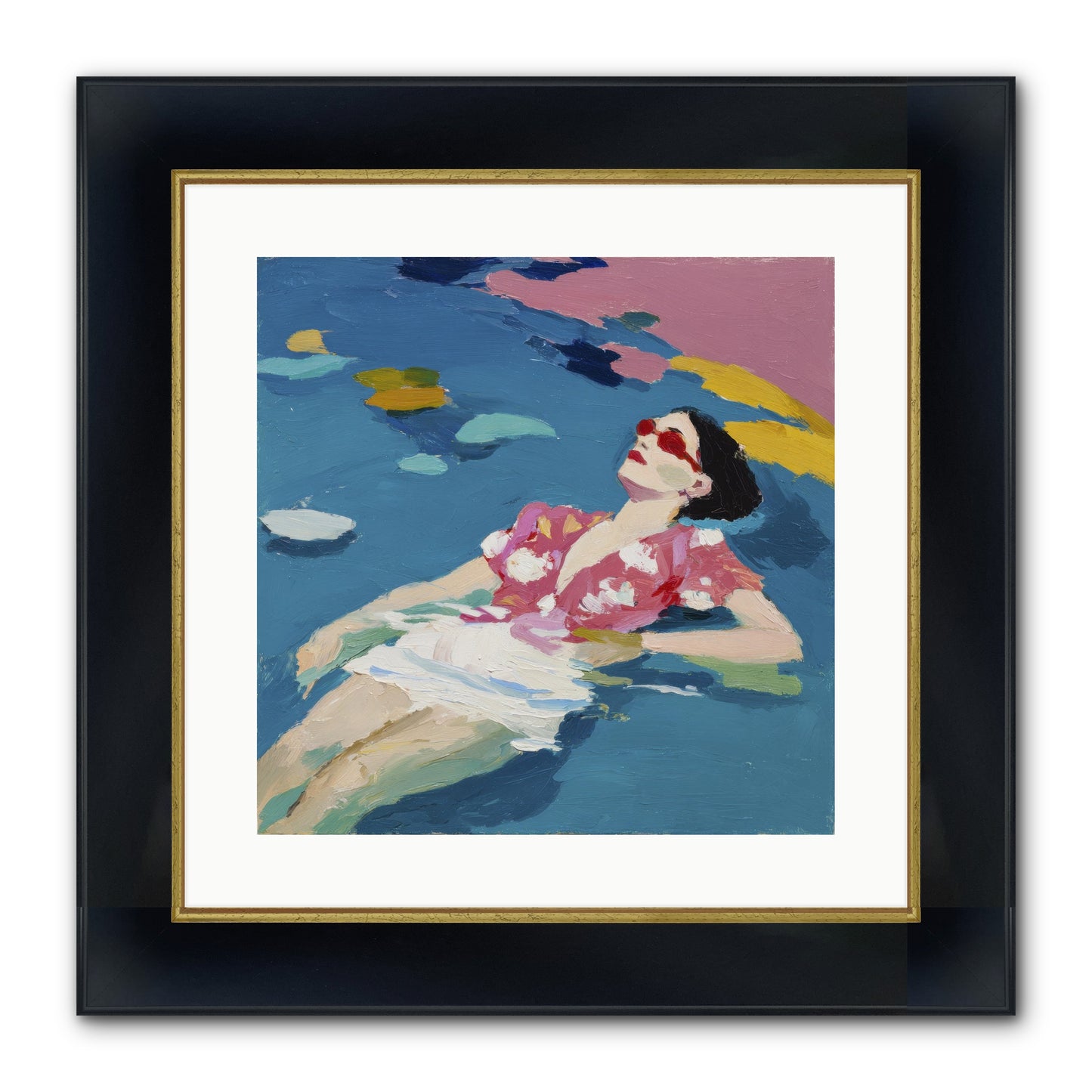 Drifting Through Blue Framed Print - Wide Black w/Gold 16x16