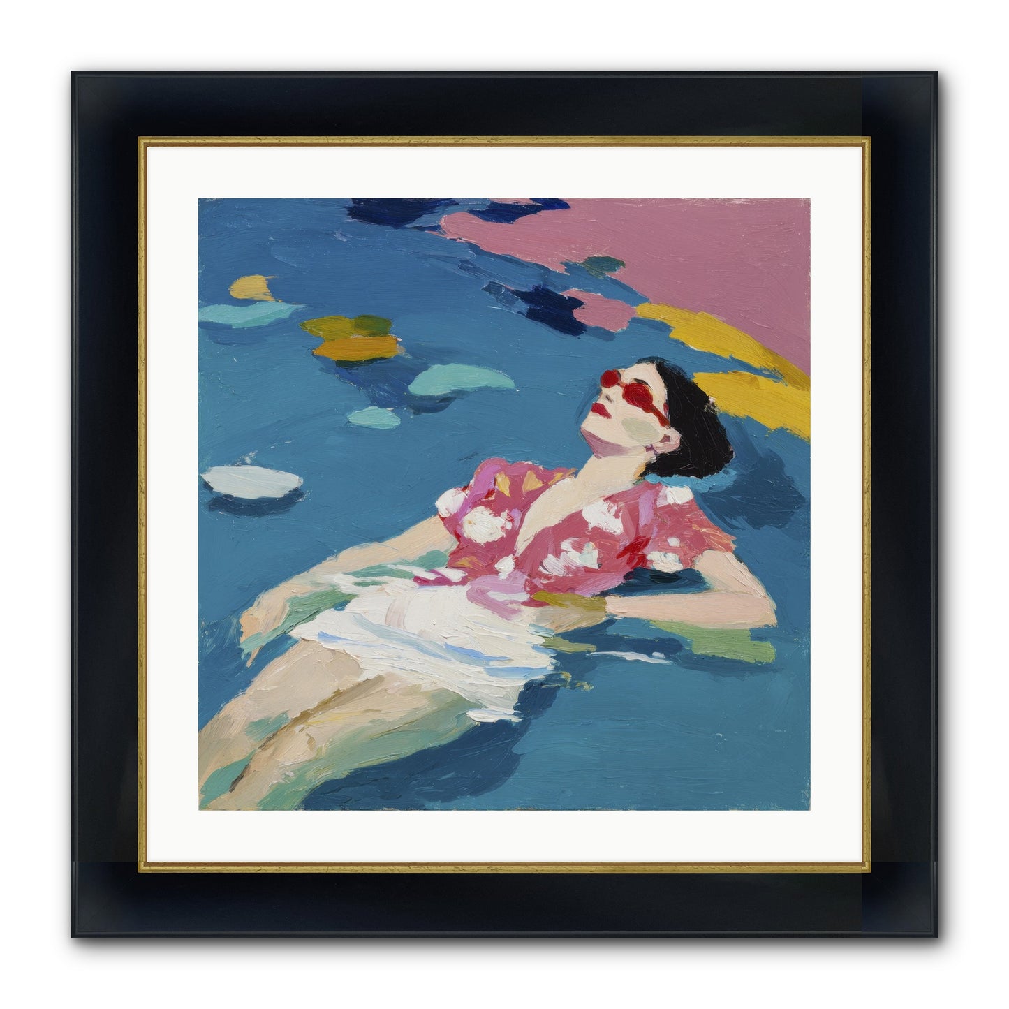 Drifting Through Blue Framed Print - Wide Black w/Gold 24x24