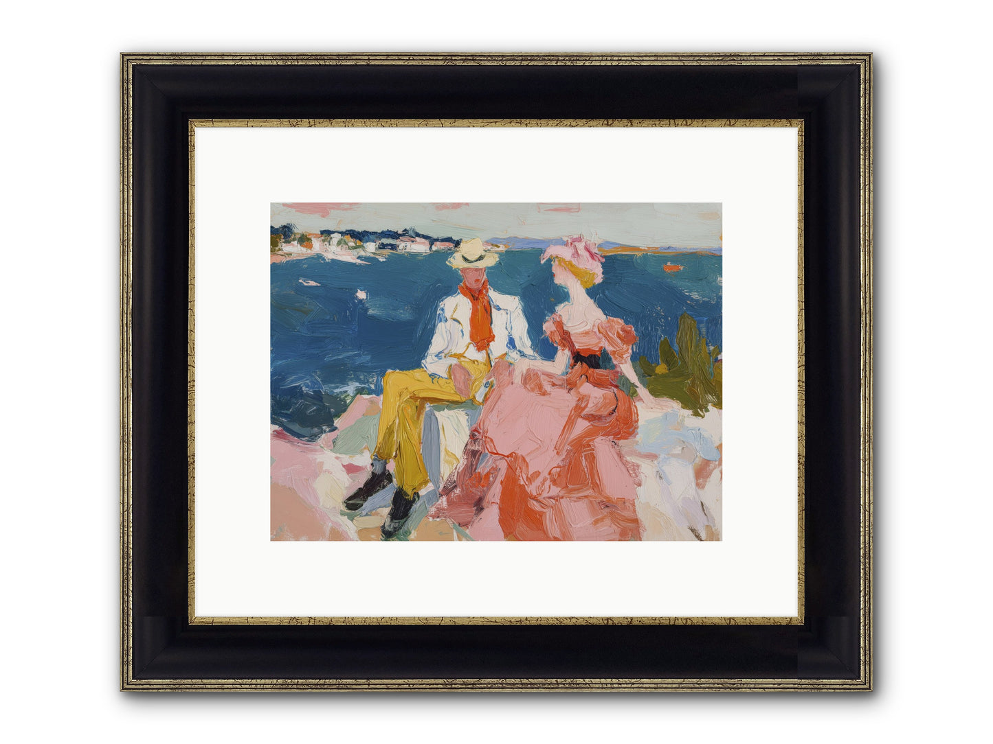 Duo By The Waves Framed Print - Black & Gold 12x9