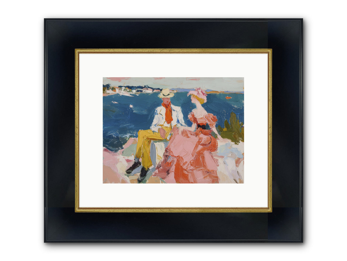 Duo By The Waves Framed Print - Wide Black w/Gold 12x9