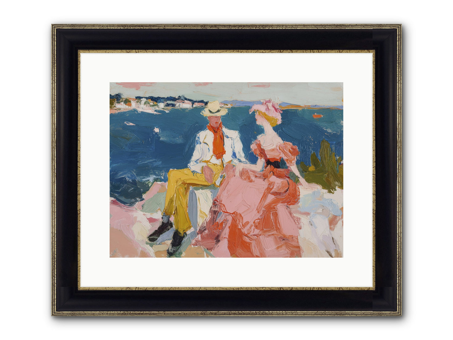 Duo By The Waves Framed Print - Black & Gold 16x12