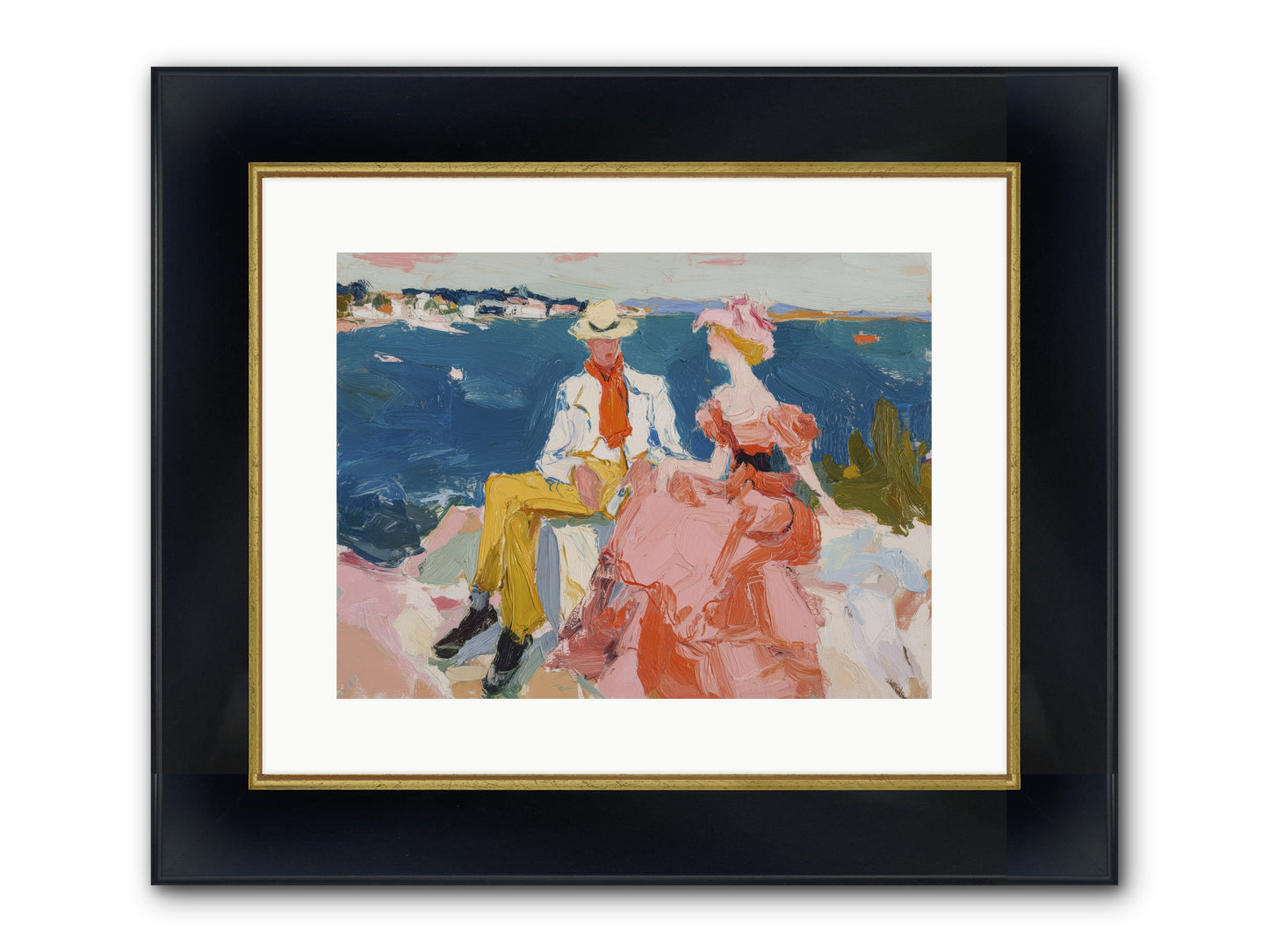 Duo By The Waves Framed Print - Wide Black w/Gold 16x12