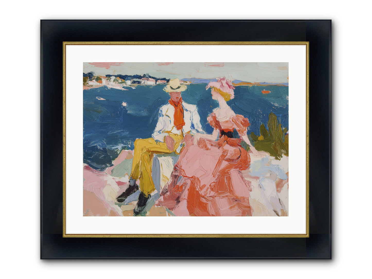 Duo By The Waves Framed Print - Wide Black w/Gold 24x18