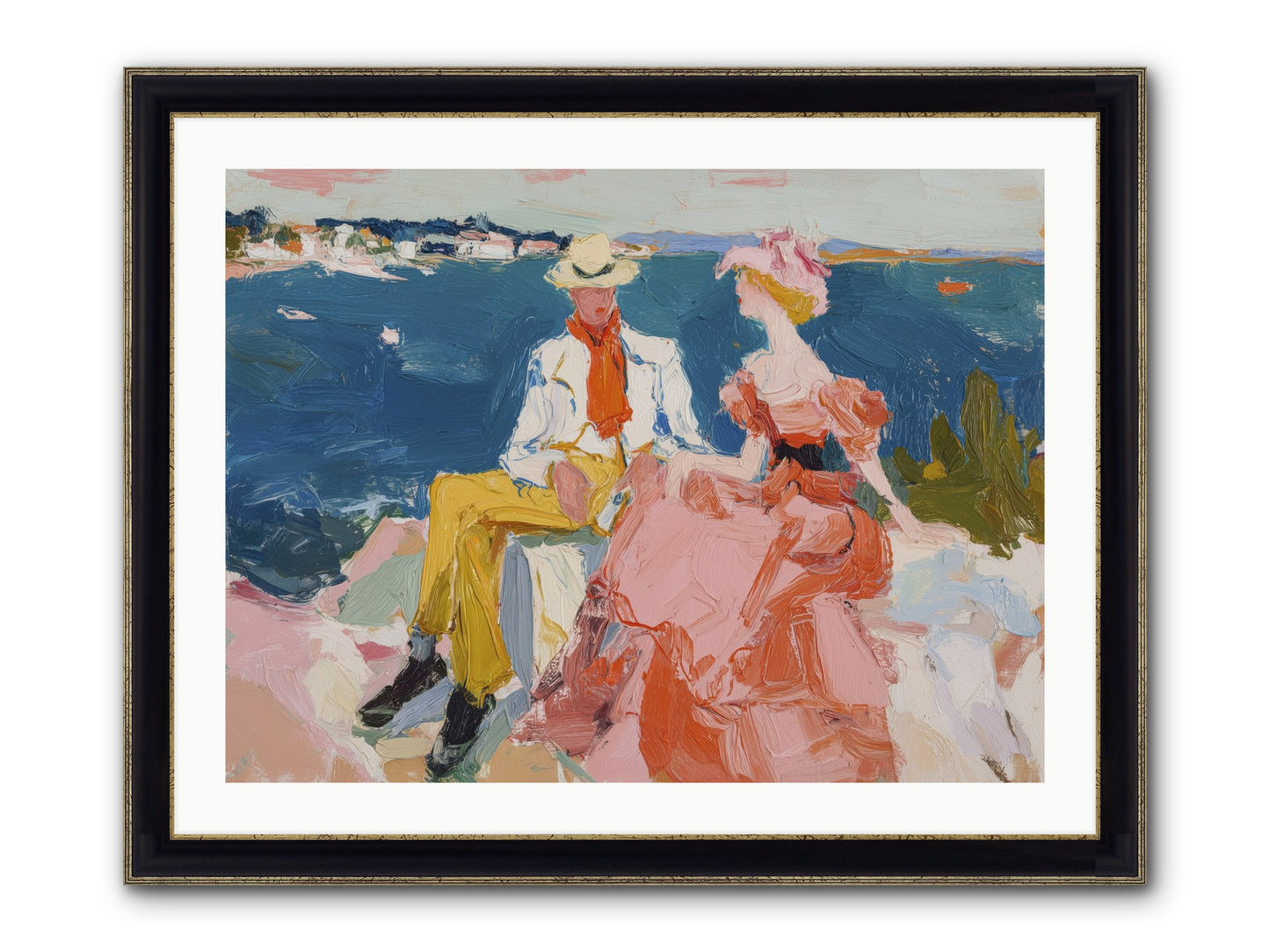 Duo By The Waves Framed Print - Black & Gold 32x24