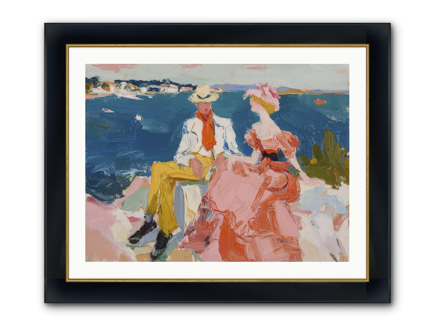 Duo By The Waves Framed Print - Wide Black w/Gold 32x24