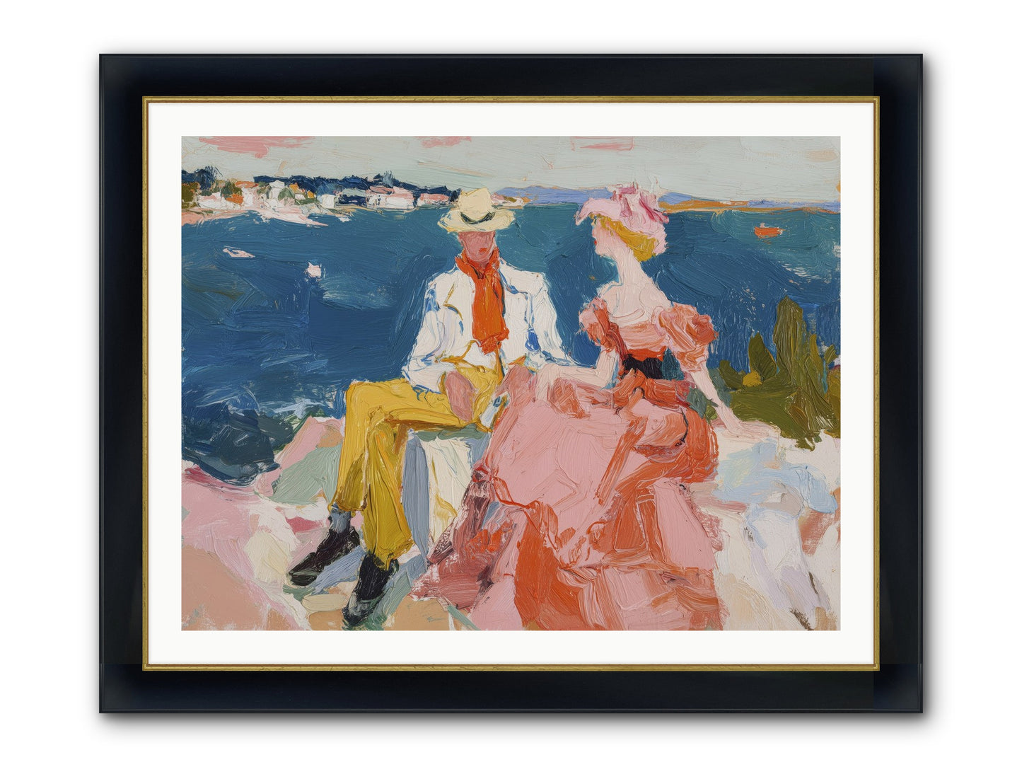 Duo By The Waves Framed Print - Wide Black w/Gold 40x30