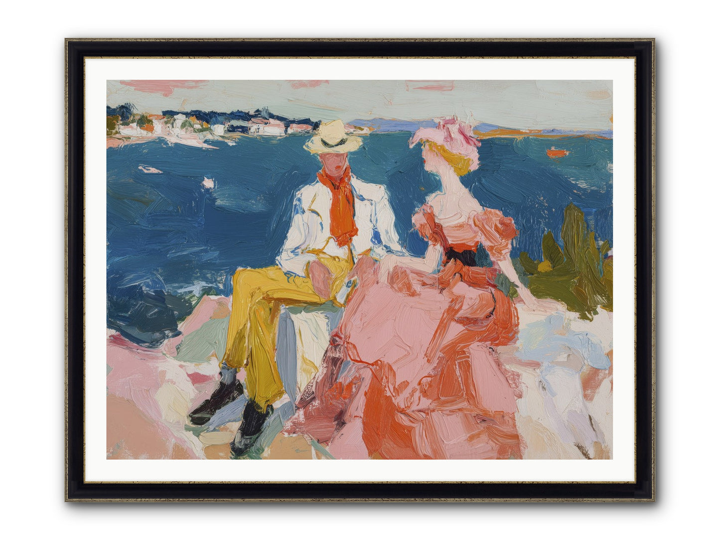 Duo By The Waves Framed Print - Black & Gold 48x36