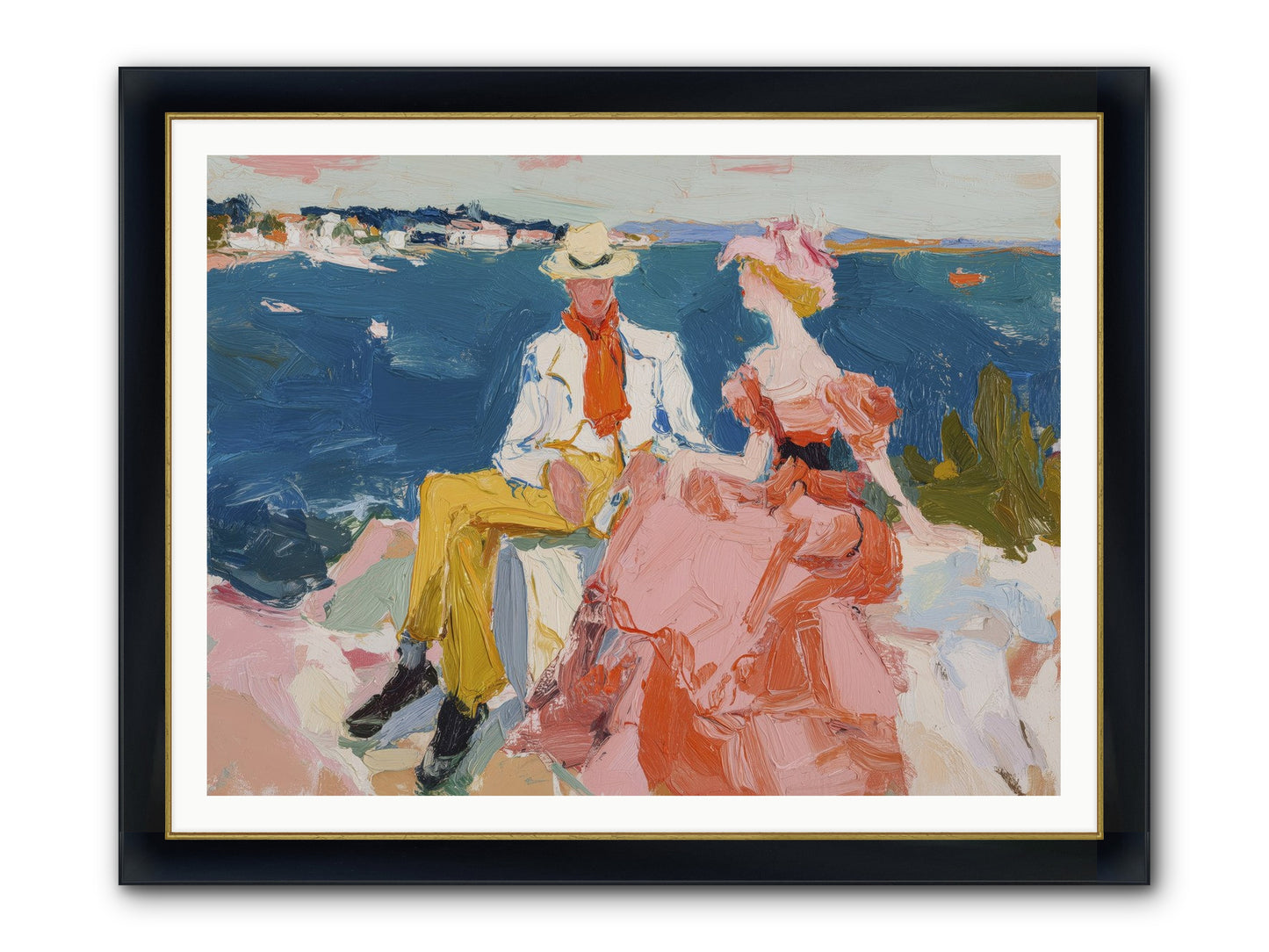 Duo By The Waves Framed Print - Wide Black w/Gold 48x36