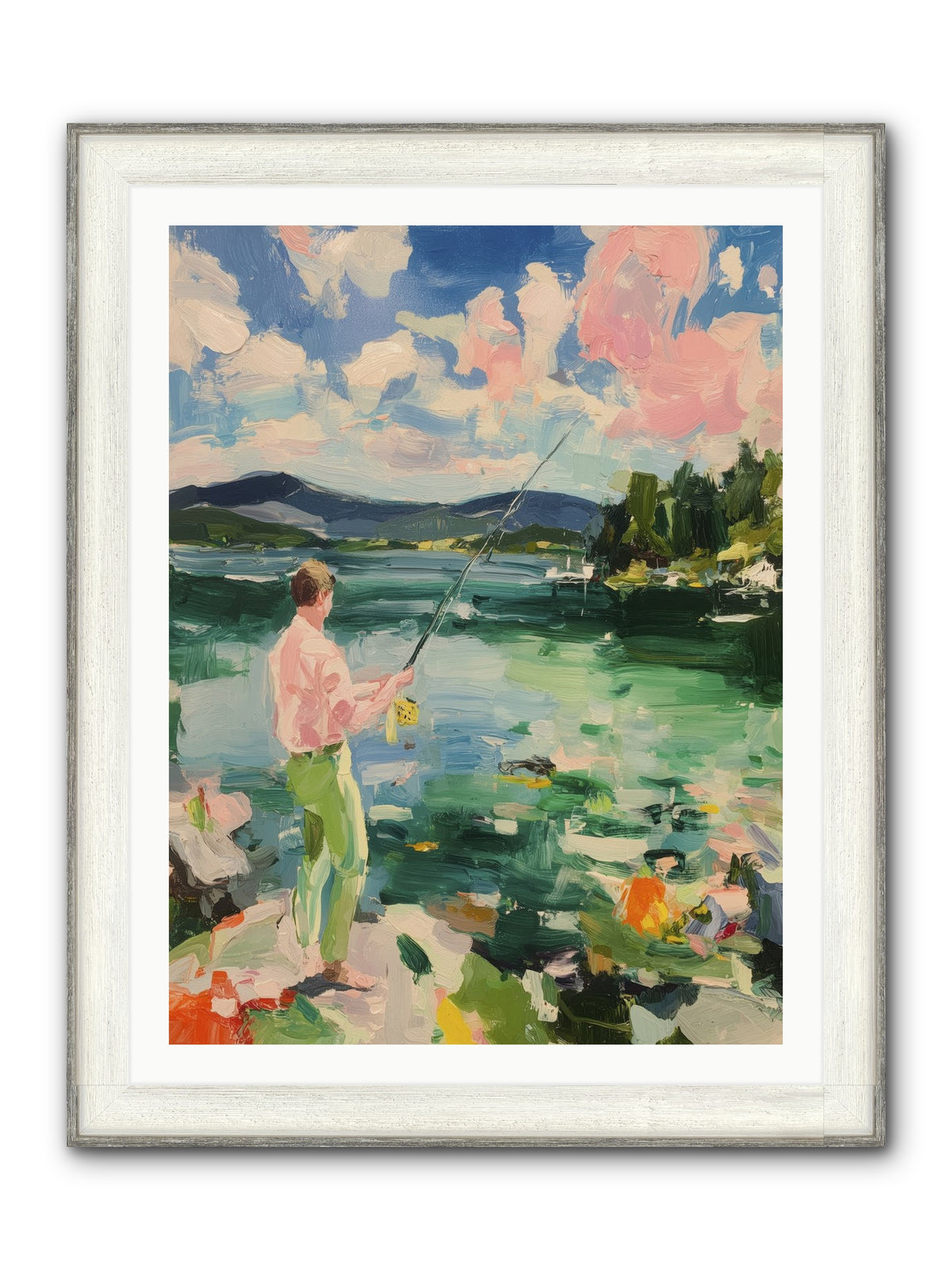 Fishing Hour Glory Framed Print - Driftwood White 30x40