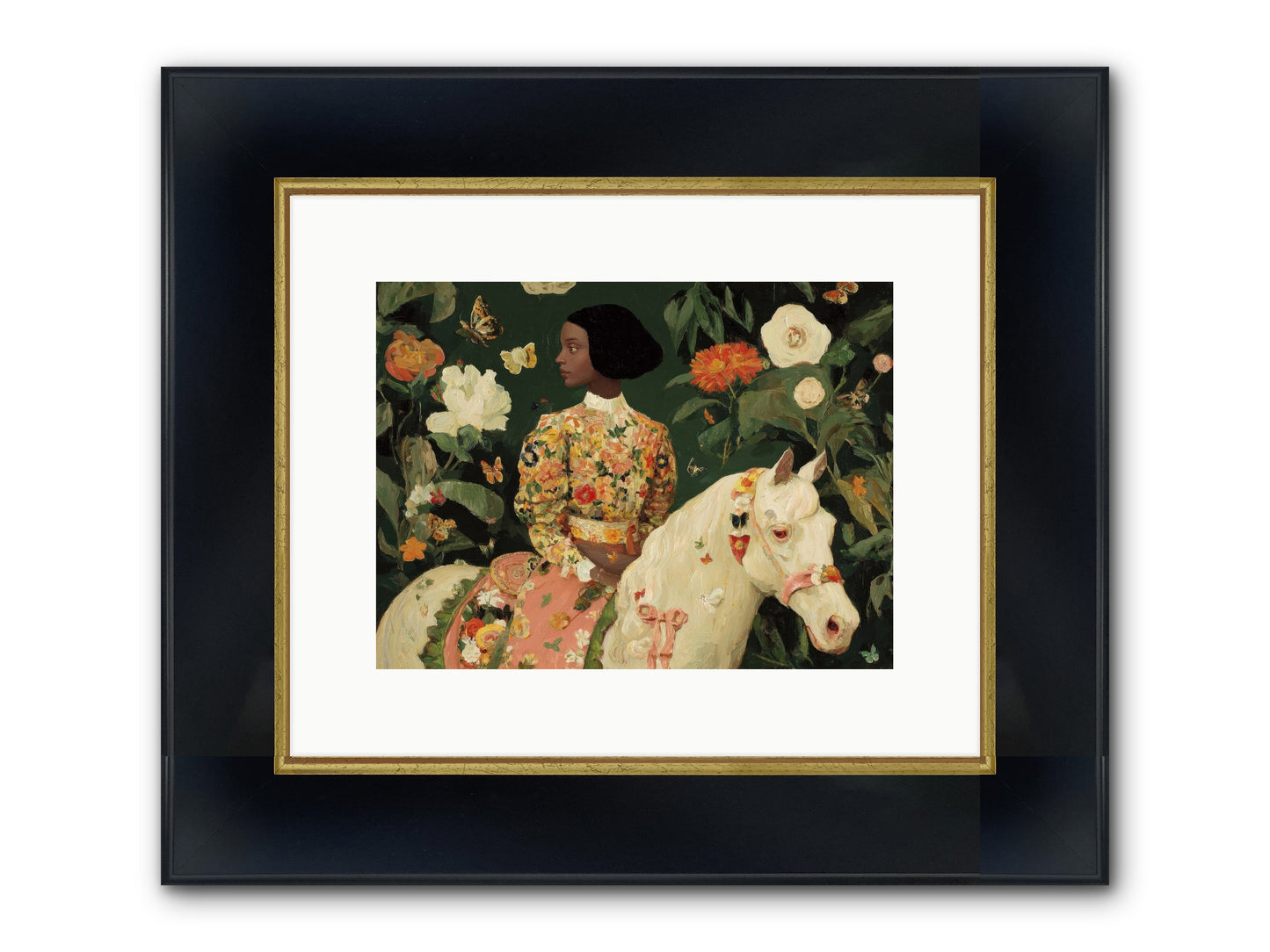 Fleur Finch Framed Print - Wide Black w/Gold 12x9