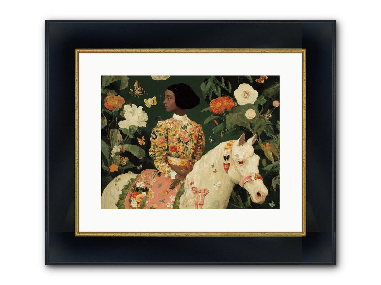 Fleur Finch Framed Print - Wide Black w/Gold 16x12