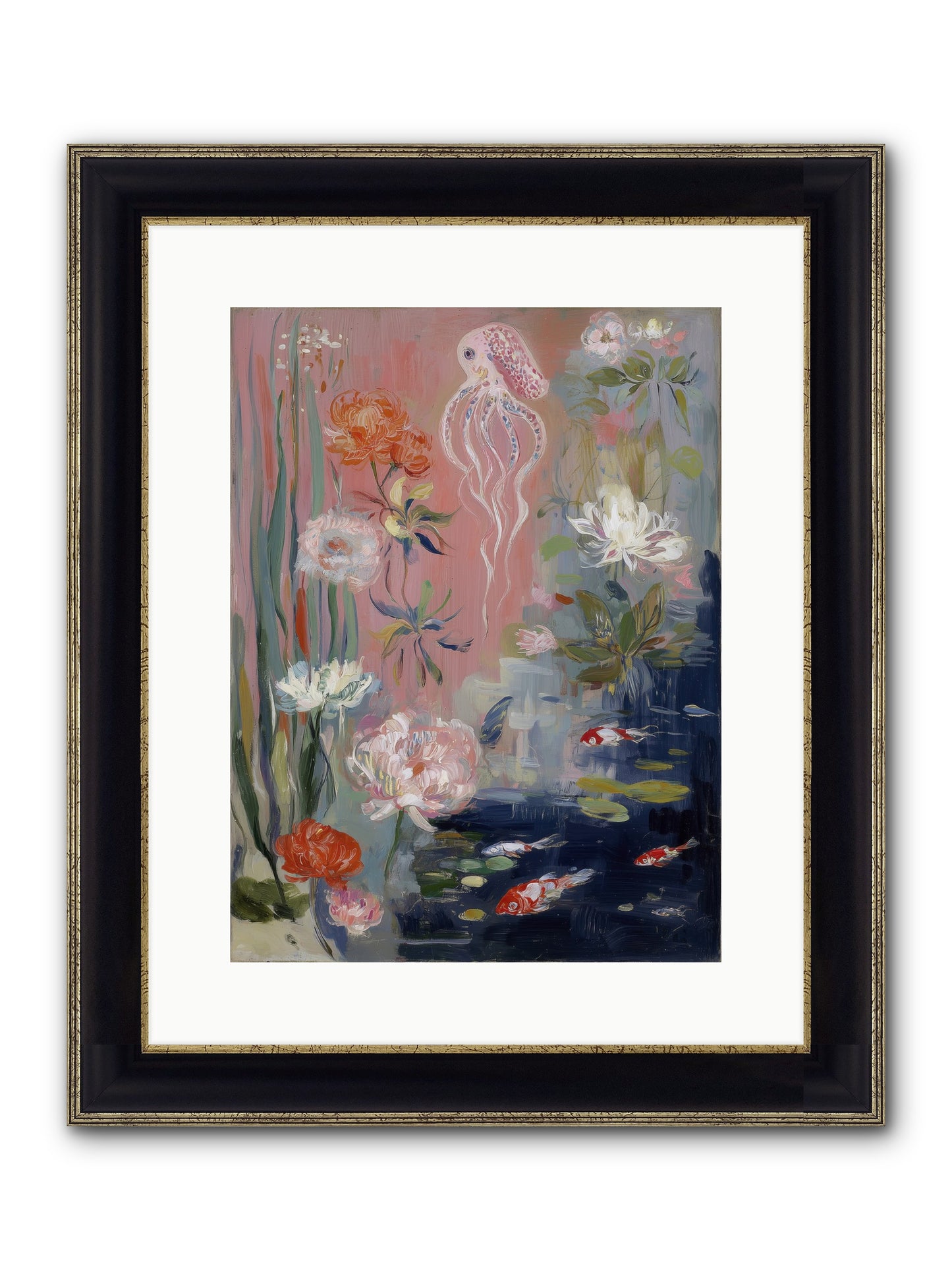 Floating In Sapphire Framed Print - Black & Gold 12x16