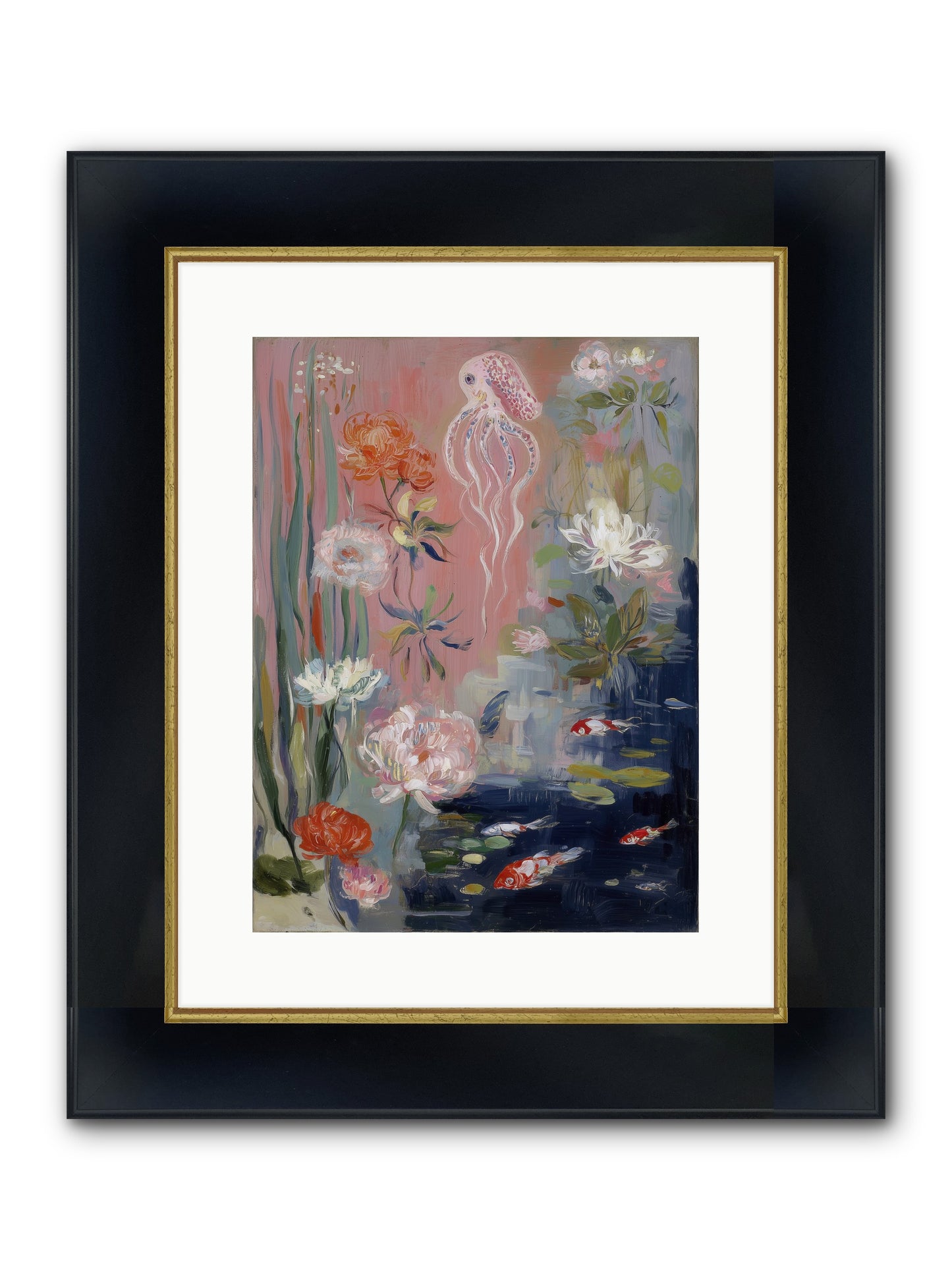 Floating In Sapphire Framed Print - Wide Black w/Gold 12x16
