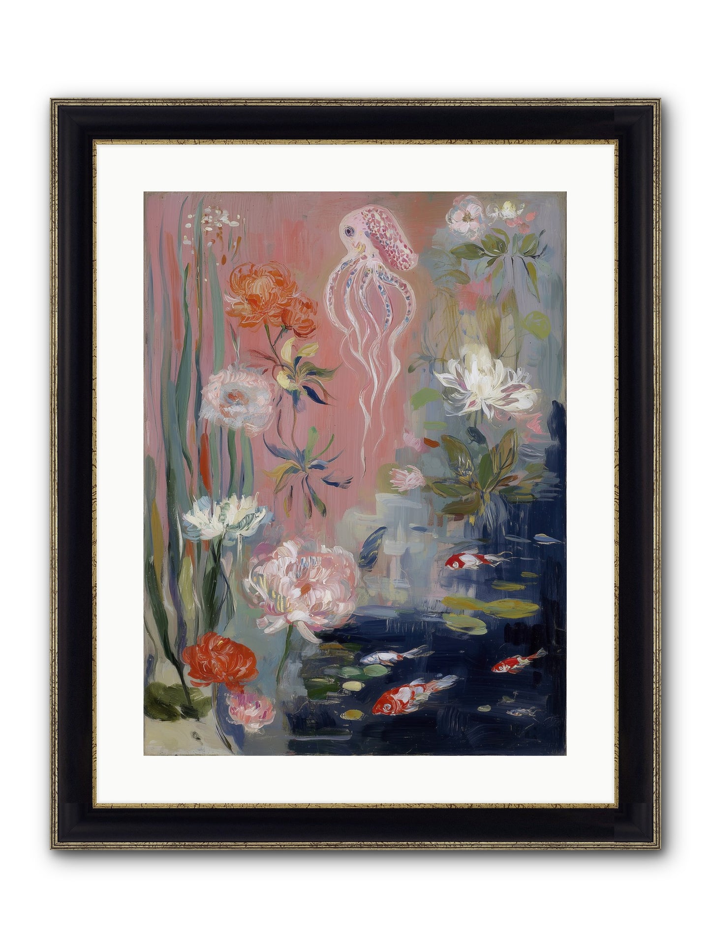 Floating In Sapphire Framed Print - Black & Gold 18x24