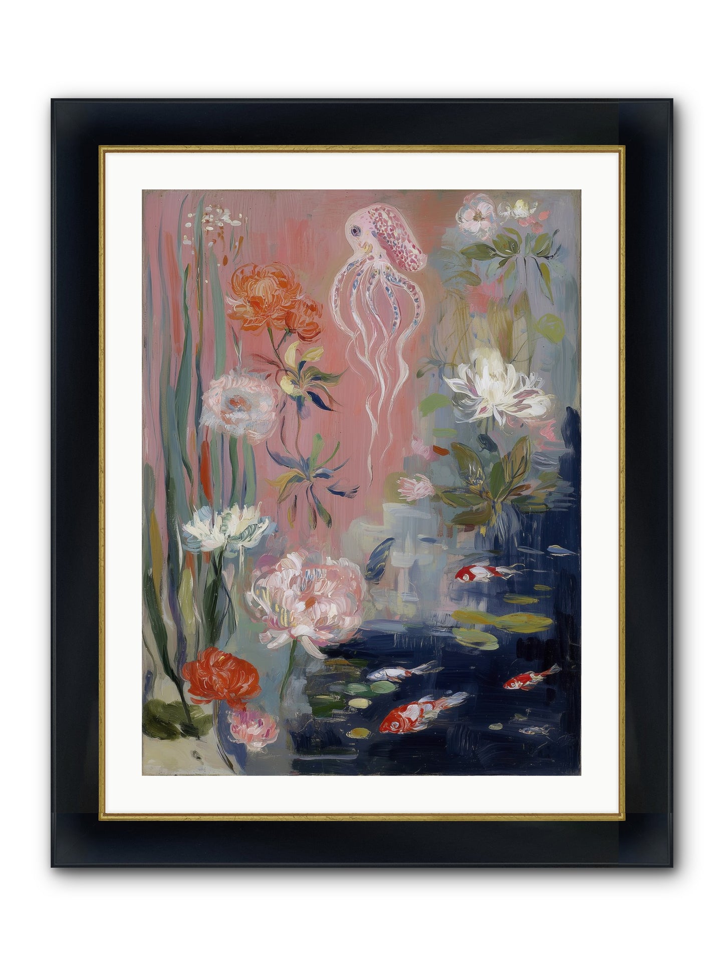 Floating In Sapphire Framed Print - Wide Black w/Gold 24x32