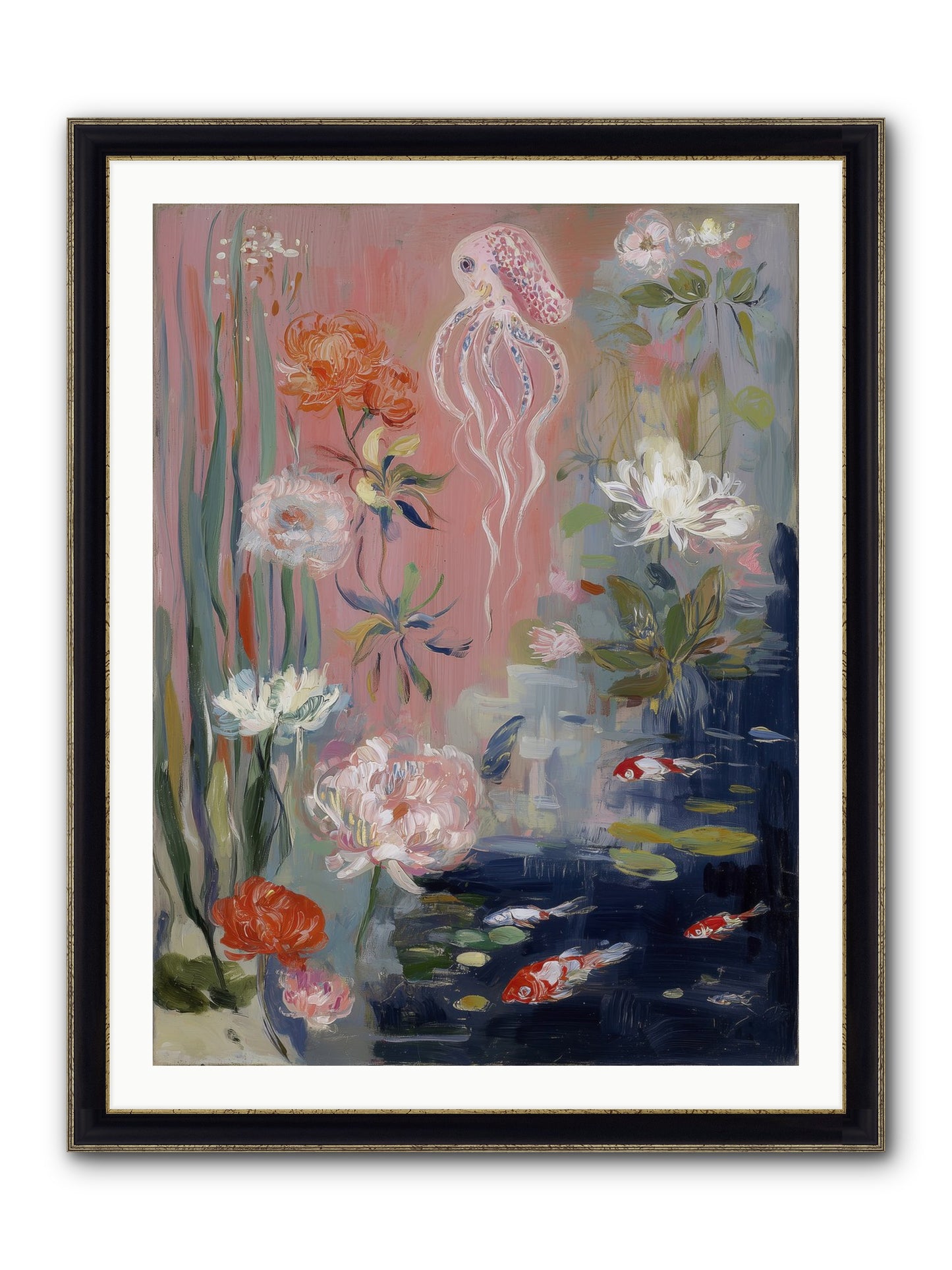 Floating In Sapphire Framed Print - Black & Gold 30x40