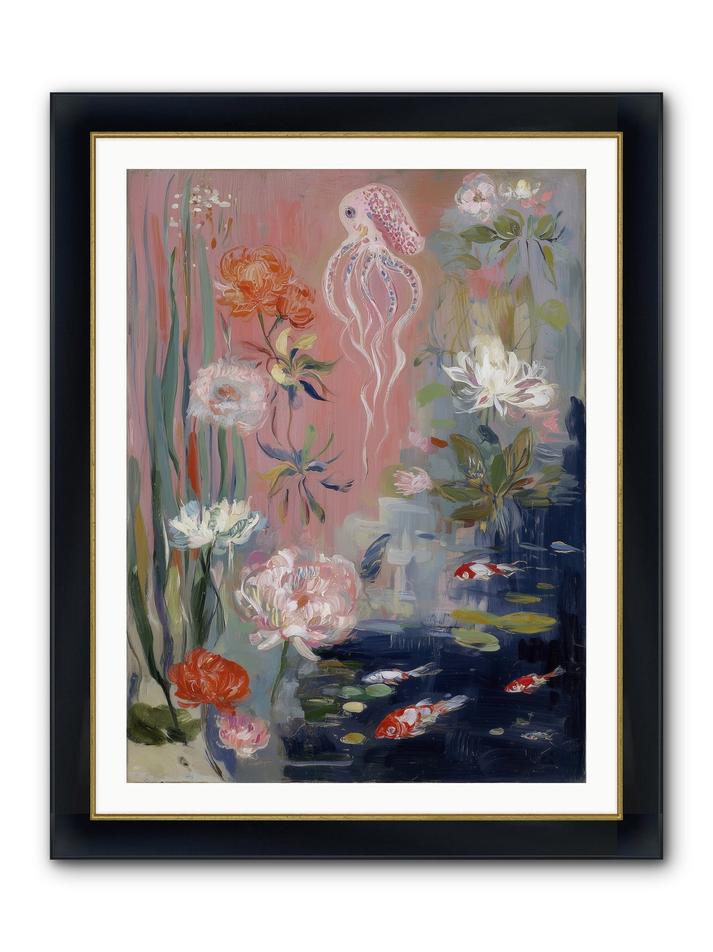 Floating In Sapphire Framed Print - Wide Black w/Gold 30x40
