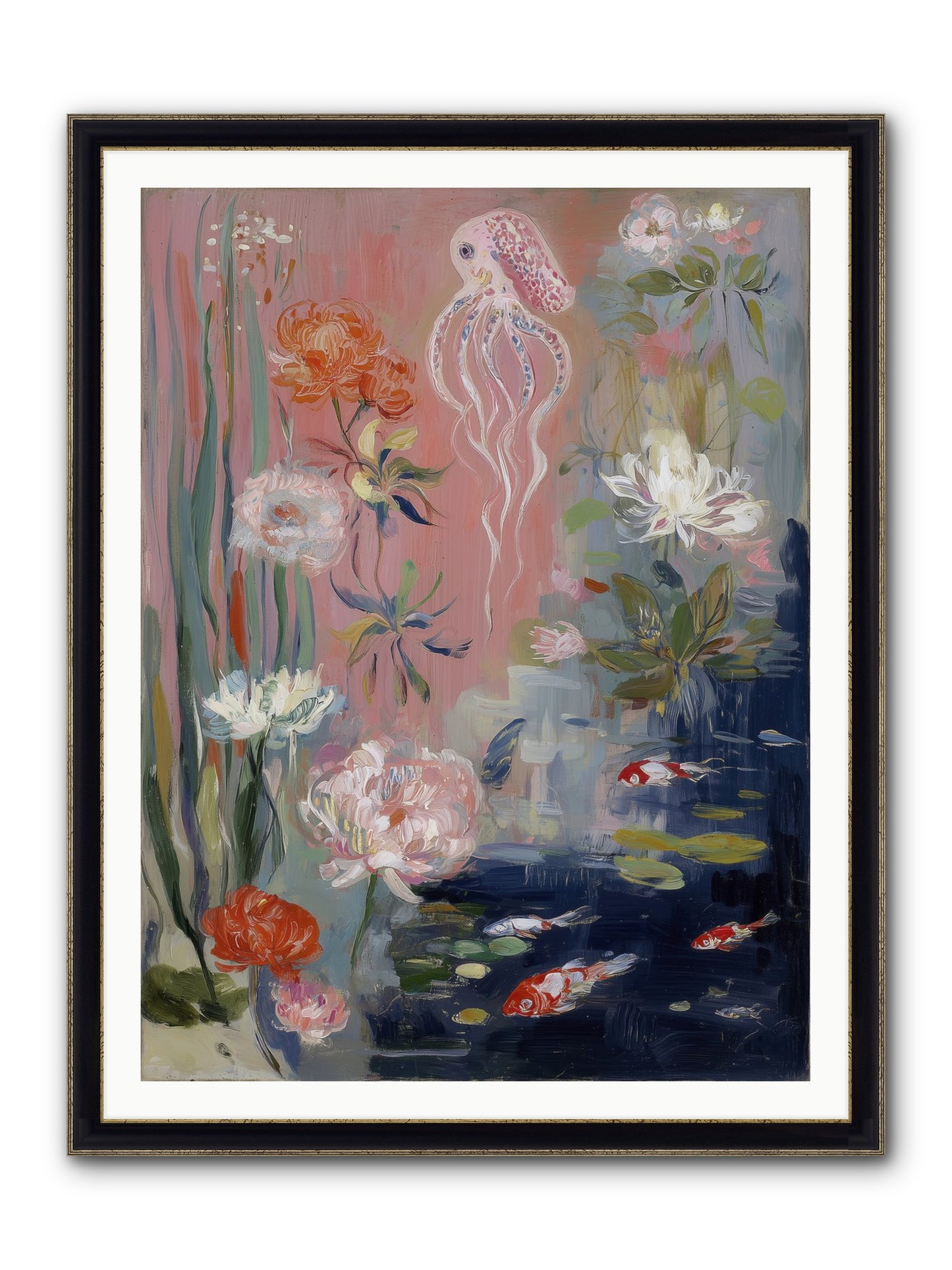 Floating In Sapphire Framed Print - Black & Gold 36x48