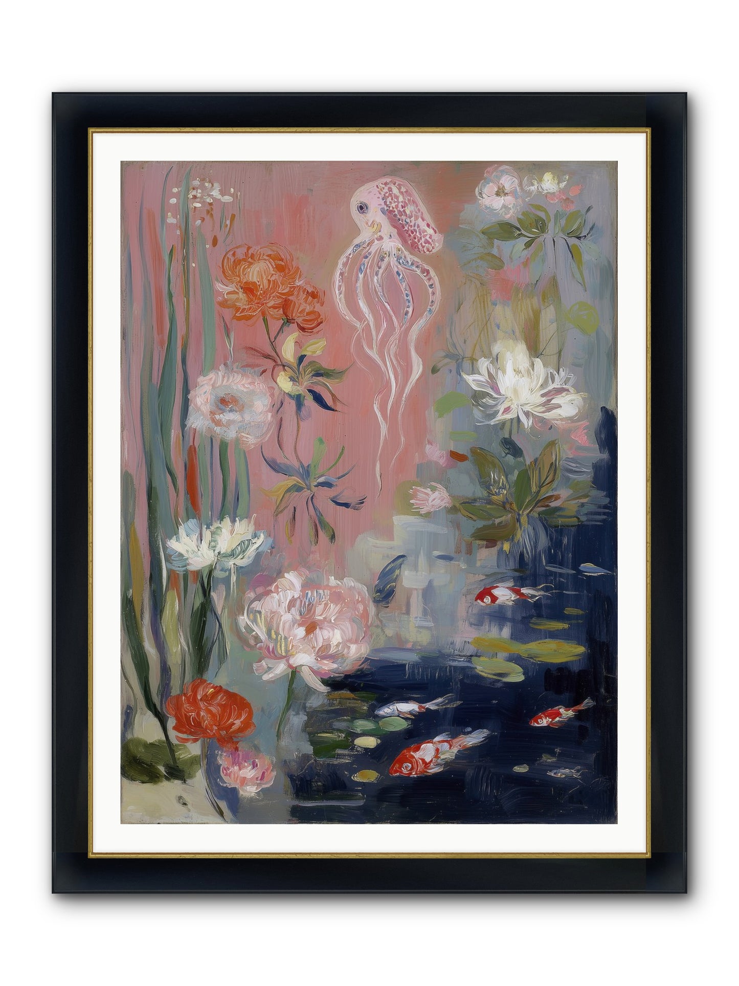 Floating In Sapphire Framed Print - Wide Black w/Gold 36x48