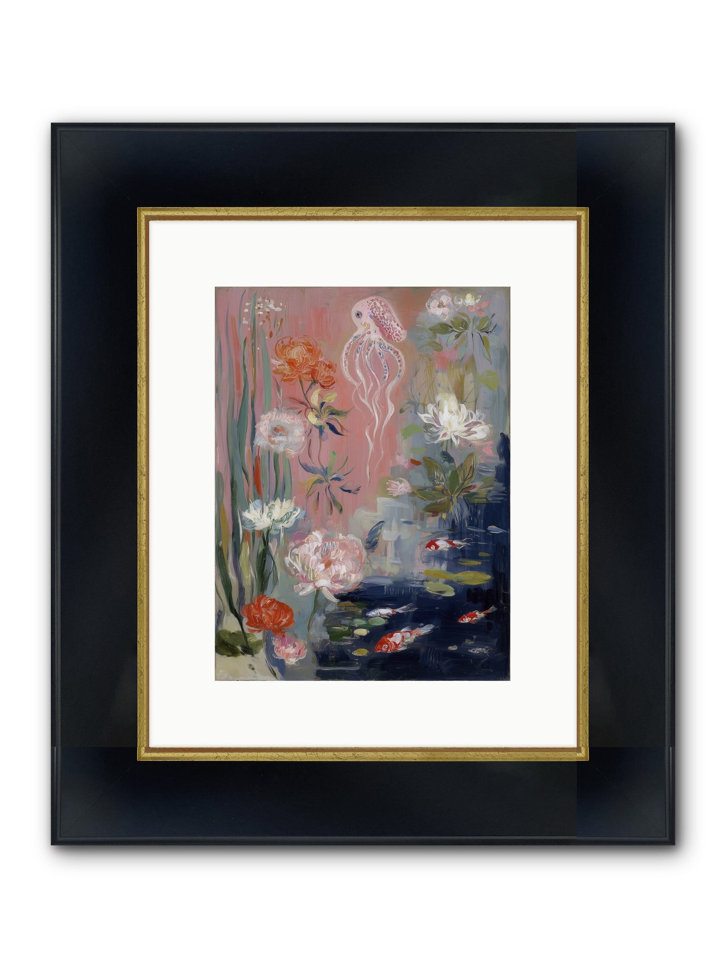 Floating In Sapphire Framed Print - Wide Black w/Gold 9x12