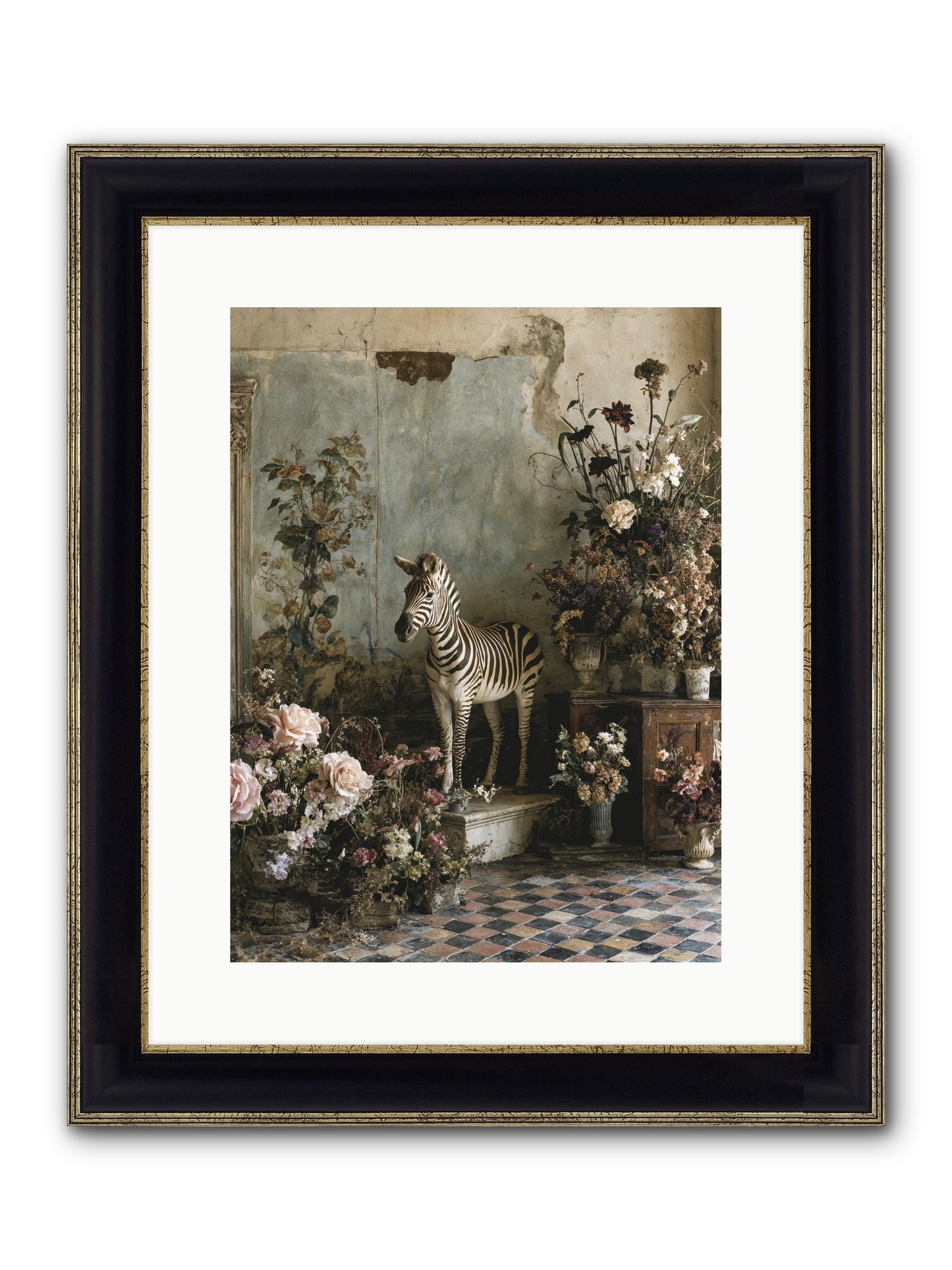 Flower Court Assembly Framed Print - Black & Gold 12x16