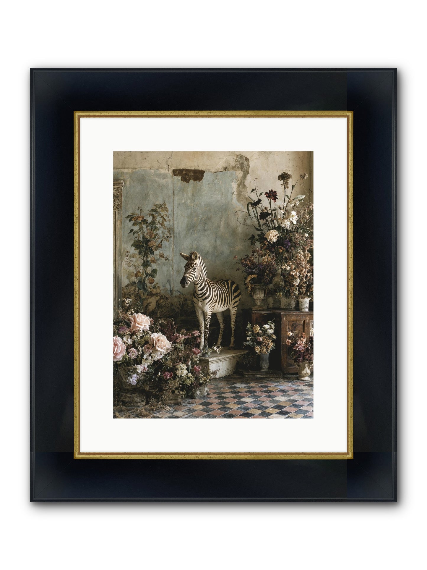 Flower Court Assembly Framed Print - Wide Black w/Gold 12x16